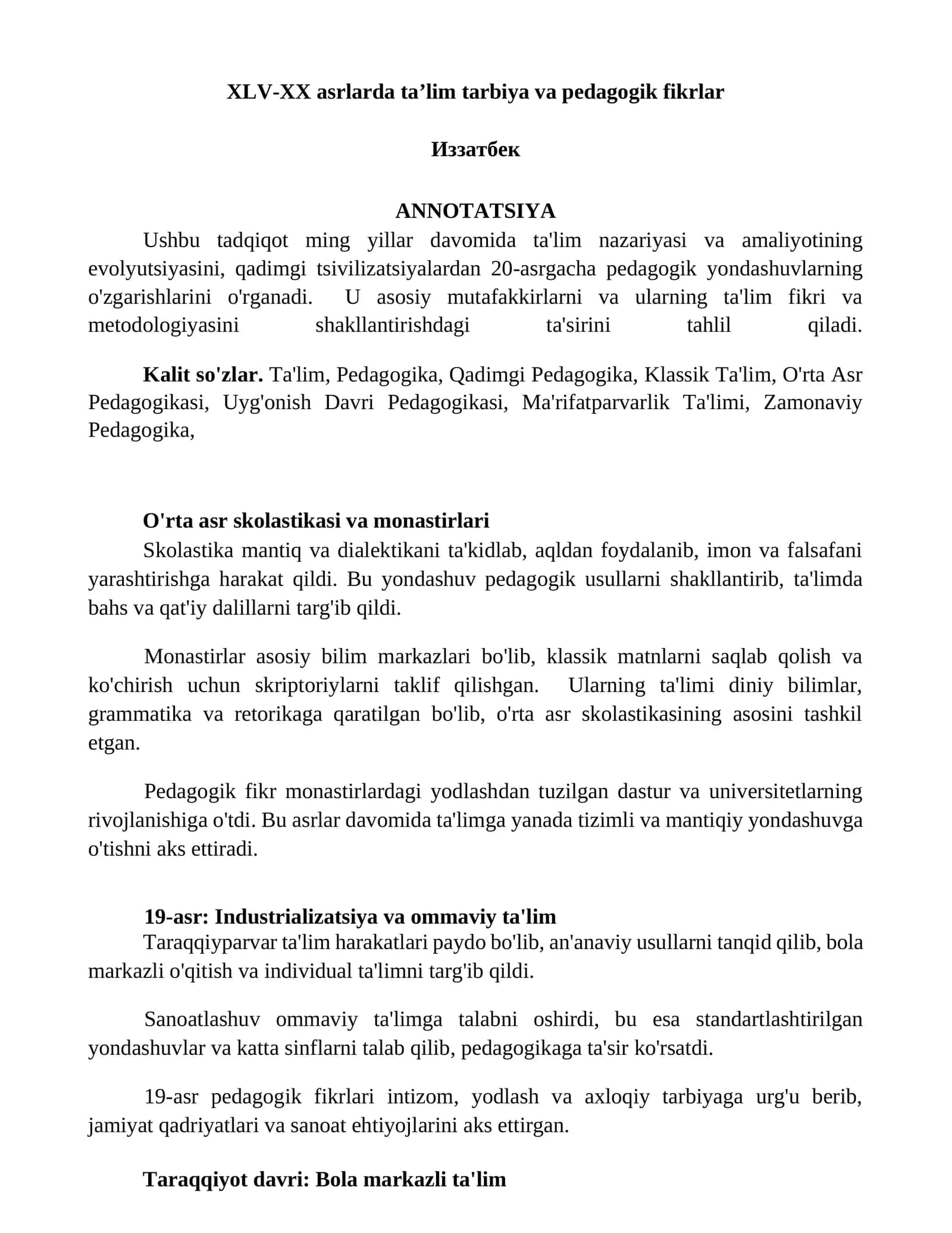 Ta'lim tarbiya va pedagogik fikrlar