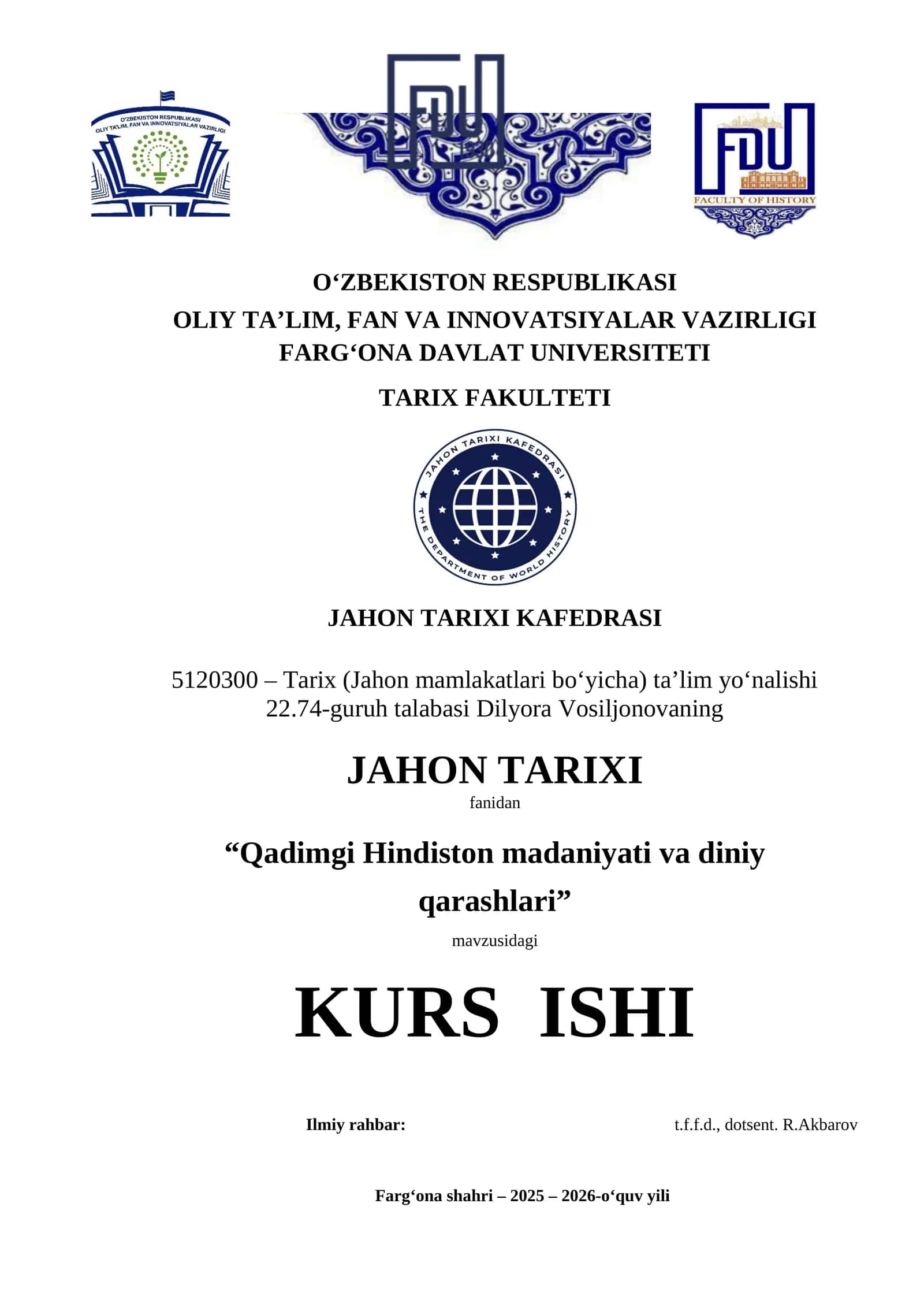 "Qadimgi Hindiston madaniyati va diniy qarashlari" kurs ishi