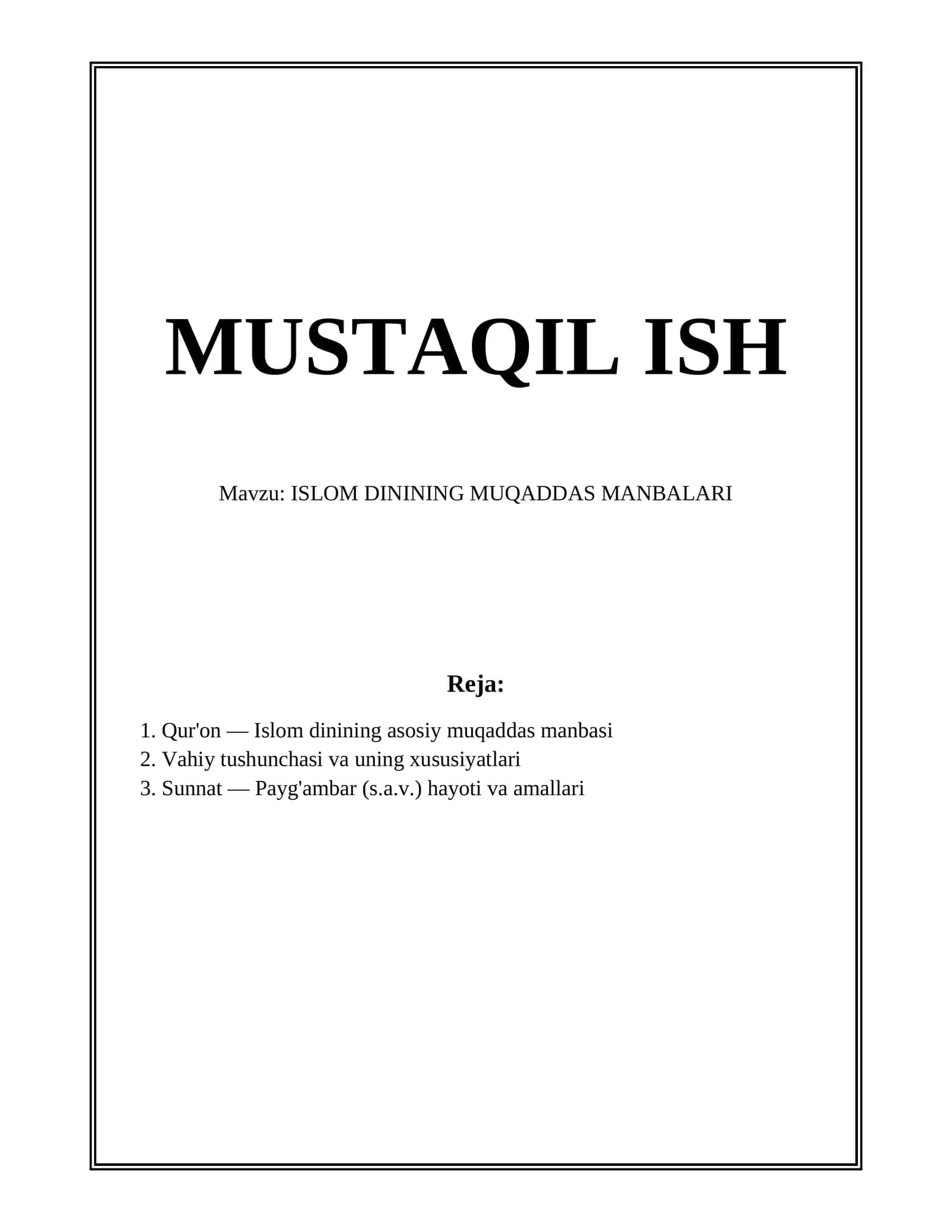 ISLOM DININING MUQADDAS MANBALARI