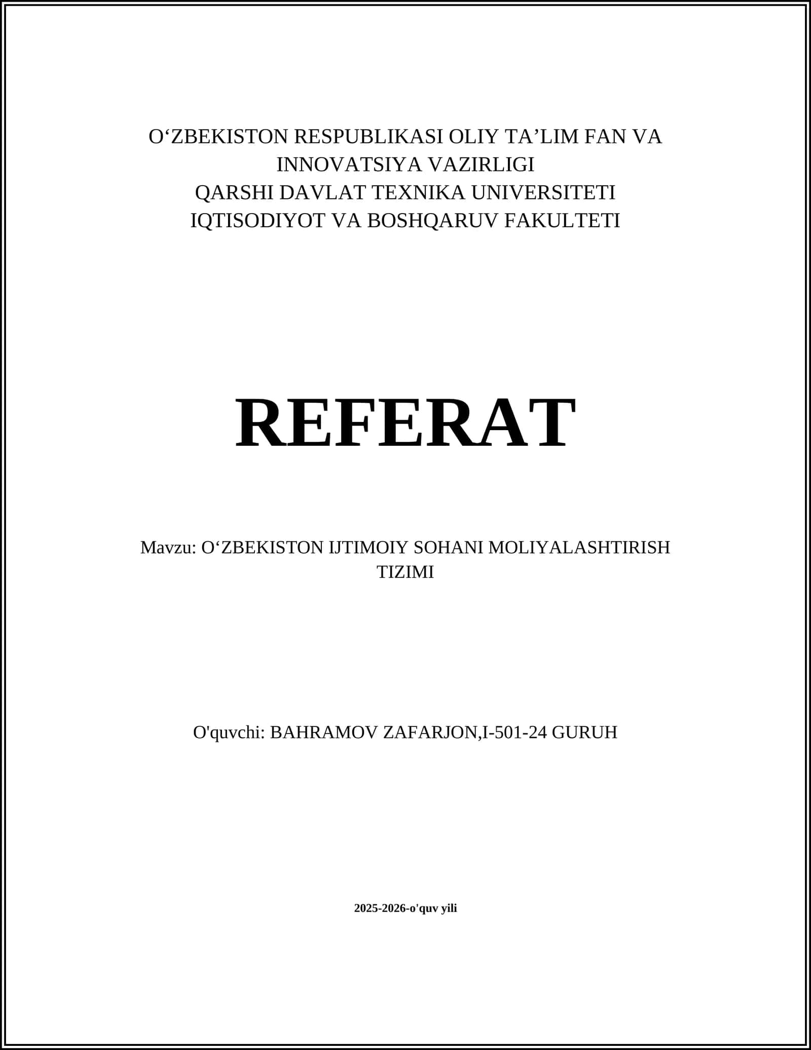 OʻZBEKISTON IJTIMOIY SOHANI MOLIYALASHTIRISH TIZIMI