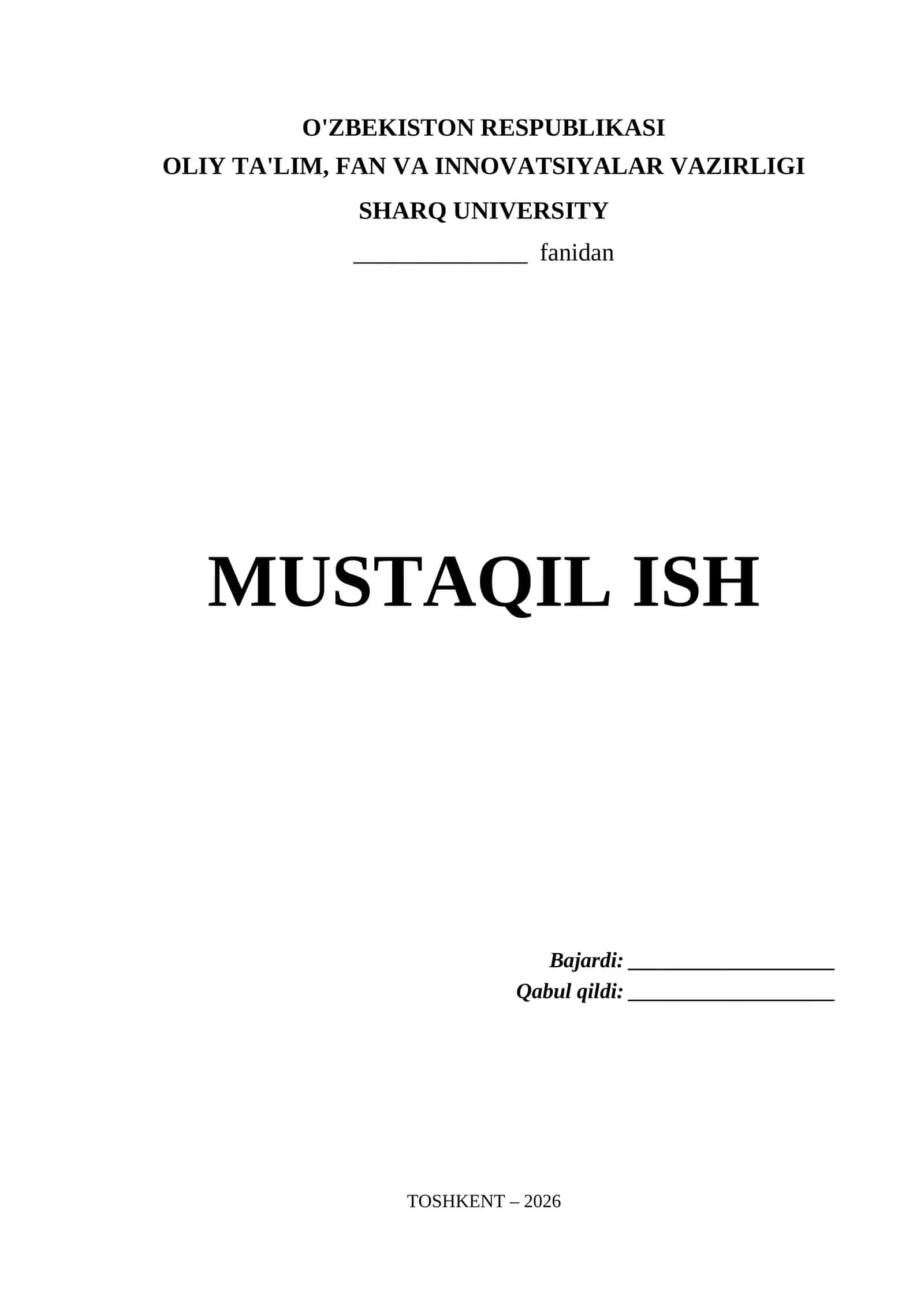 Sharq University Mustaqil Ish Titul Varaq (.docx)