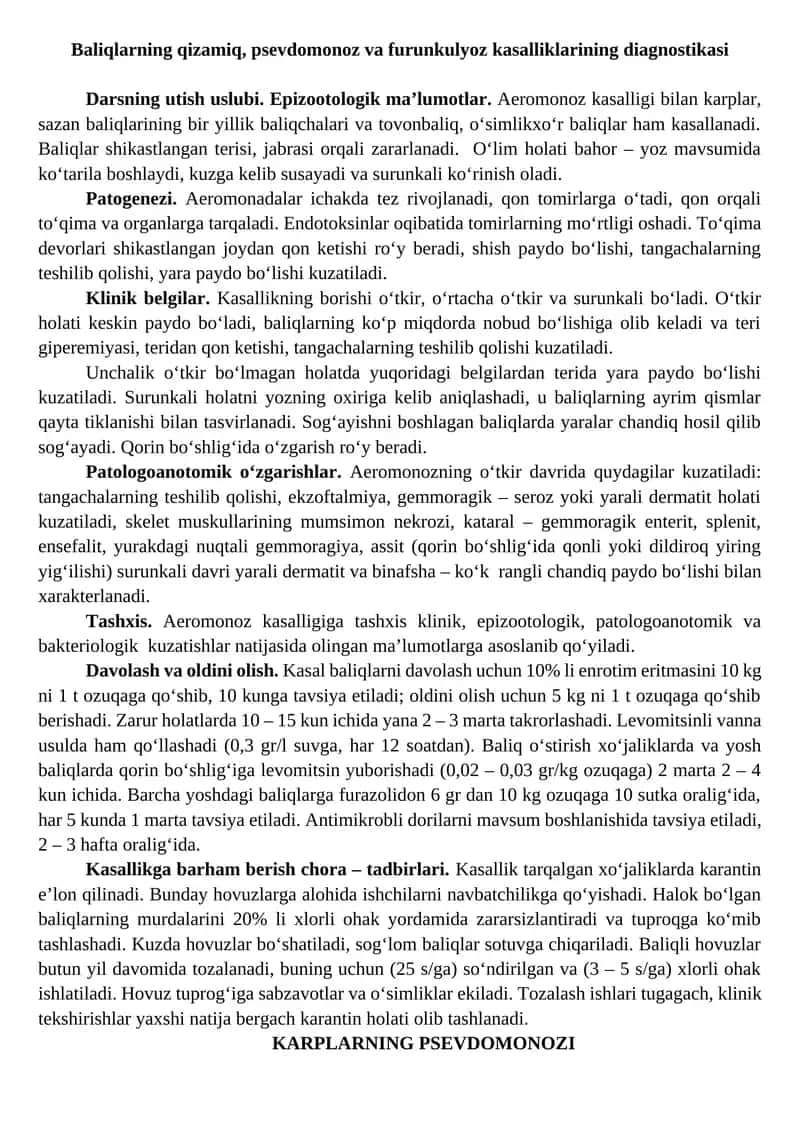 Baliqlarning qizamiq, psevdomonoz va furunkulyoz kasalliklarining diagnostikasi