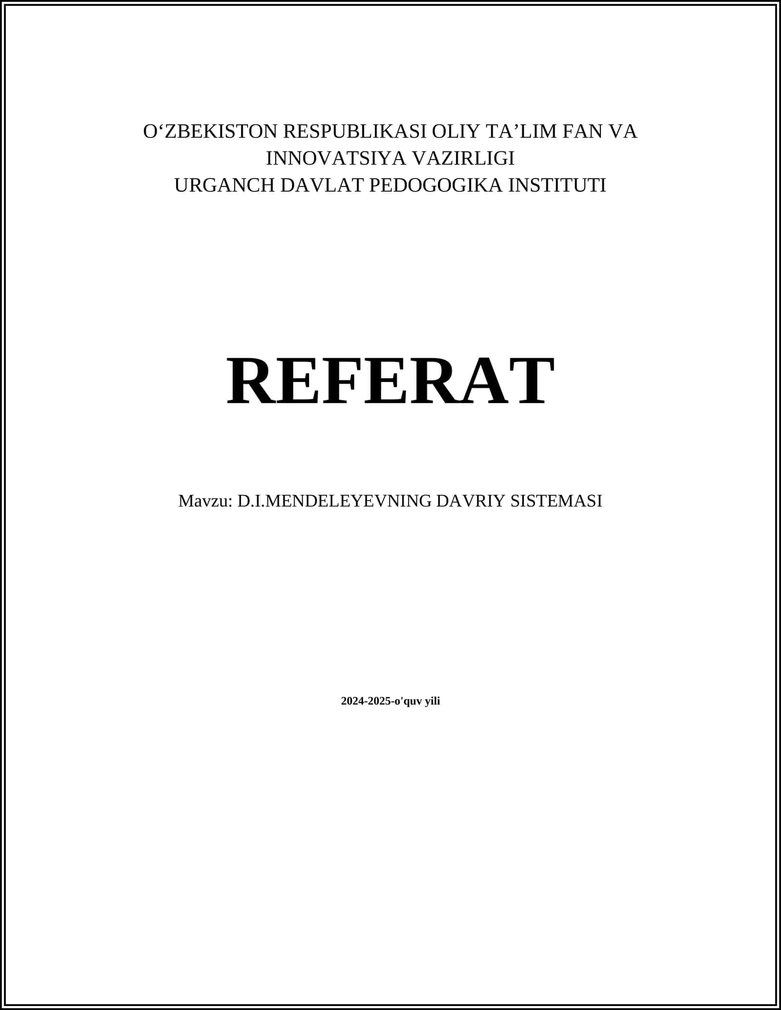 D.I.MENDELEYEVNING DAVRIY SISTEMASI