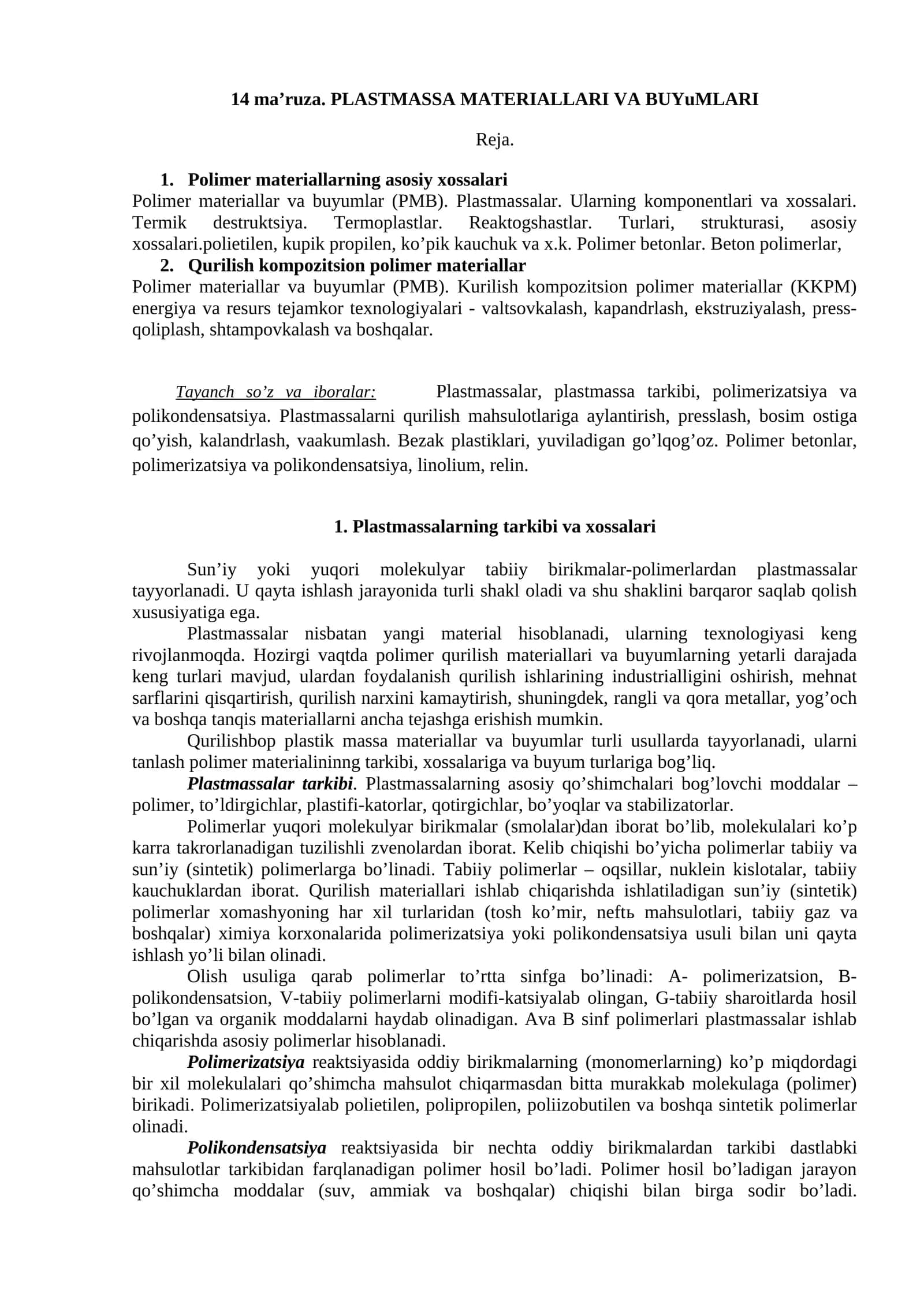 Plastmassa Materiallari va Buylari