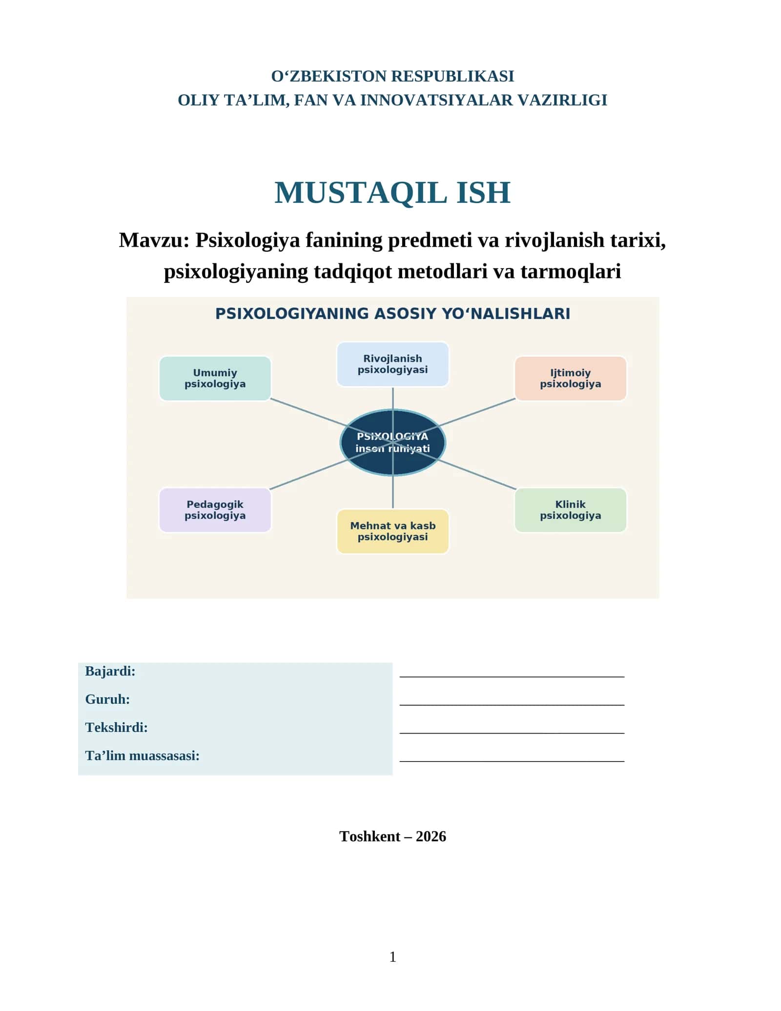 Psixologiya fanining predmeti va rivojlanish tarixi, psixologiyaning tadqiqot metodlari va tarmoqlari