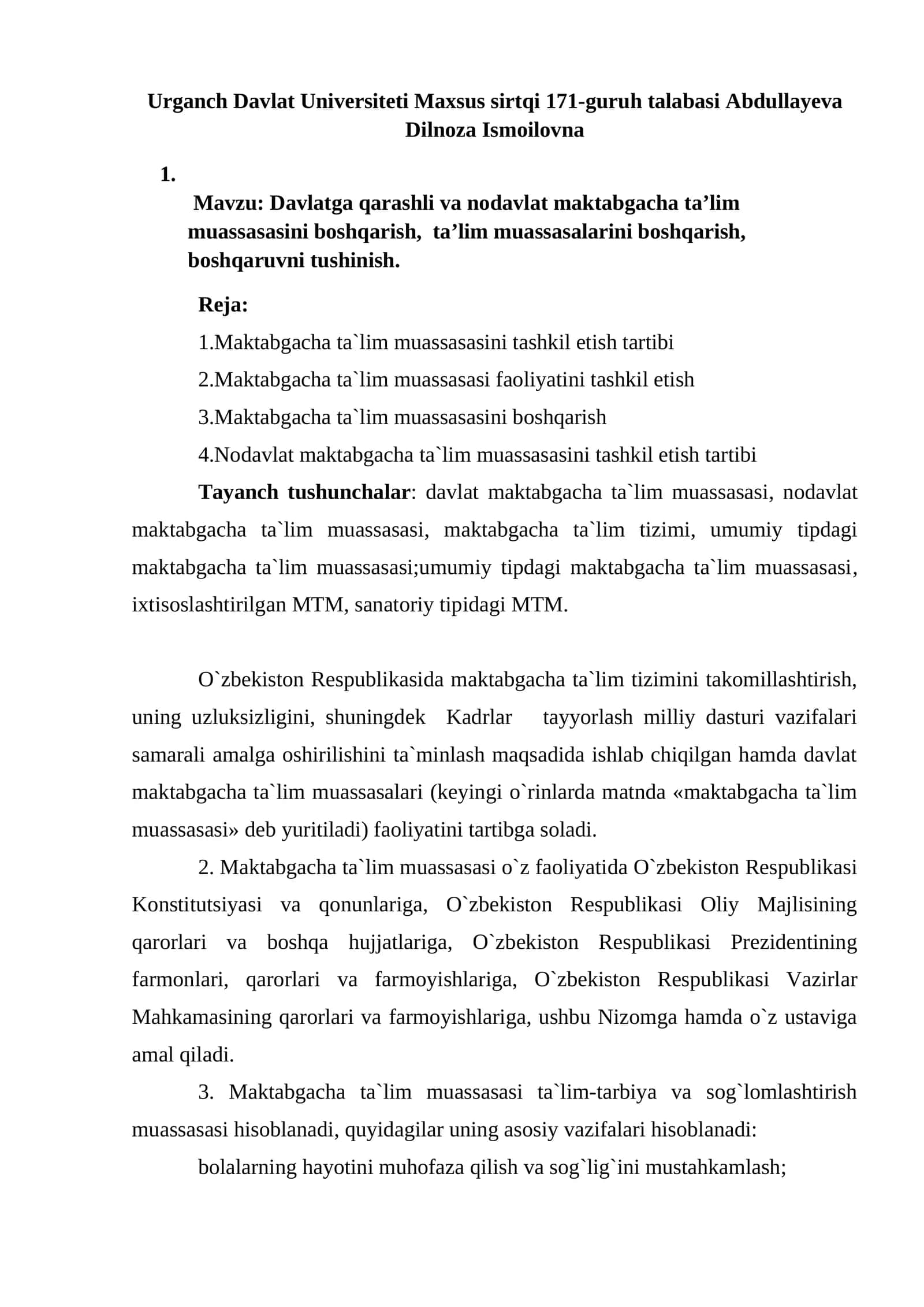 Davlatga qarashli va nodavlat maktabgacha ta’lim muassasasini boshqarish