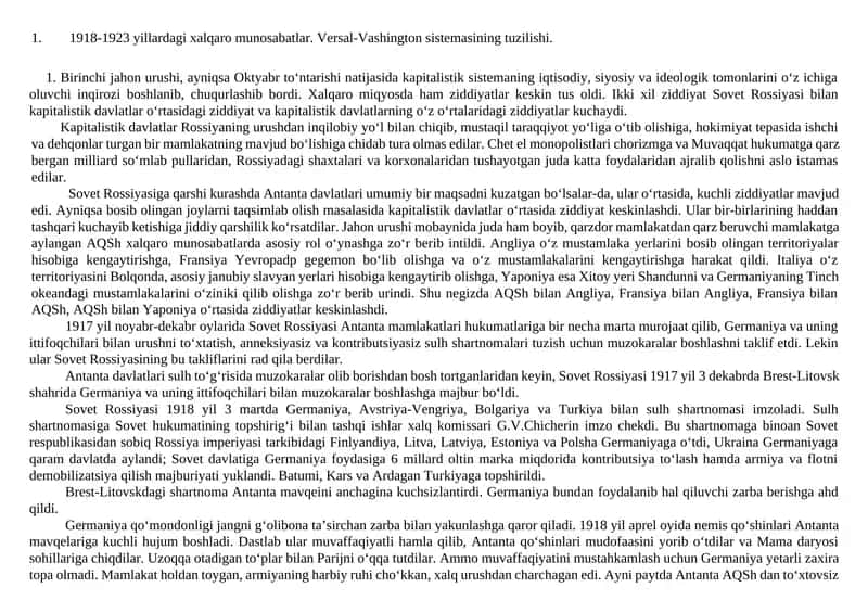 Birinchi jahon urushi va Versal-Vashington Sistemasining Tuzilishi