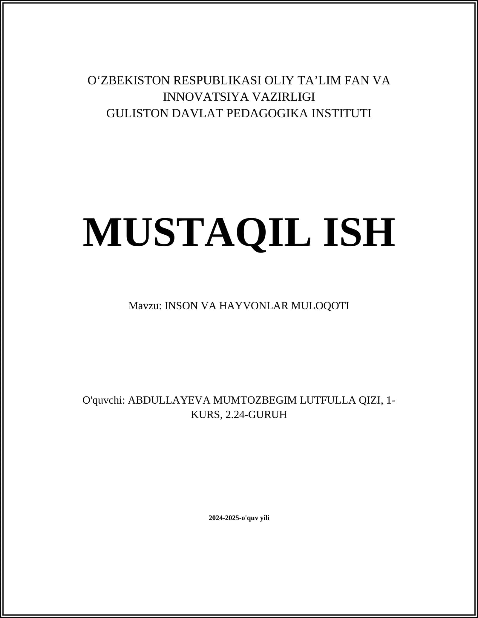 INSON VA HAYVONLAR MULOQOTI