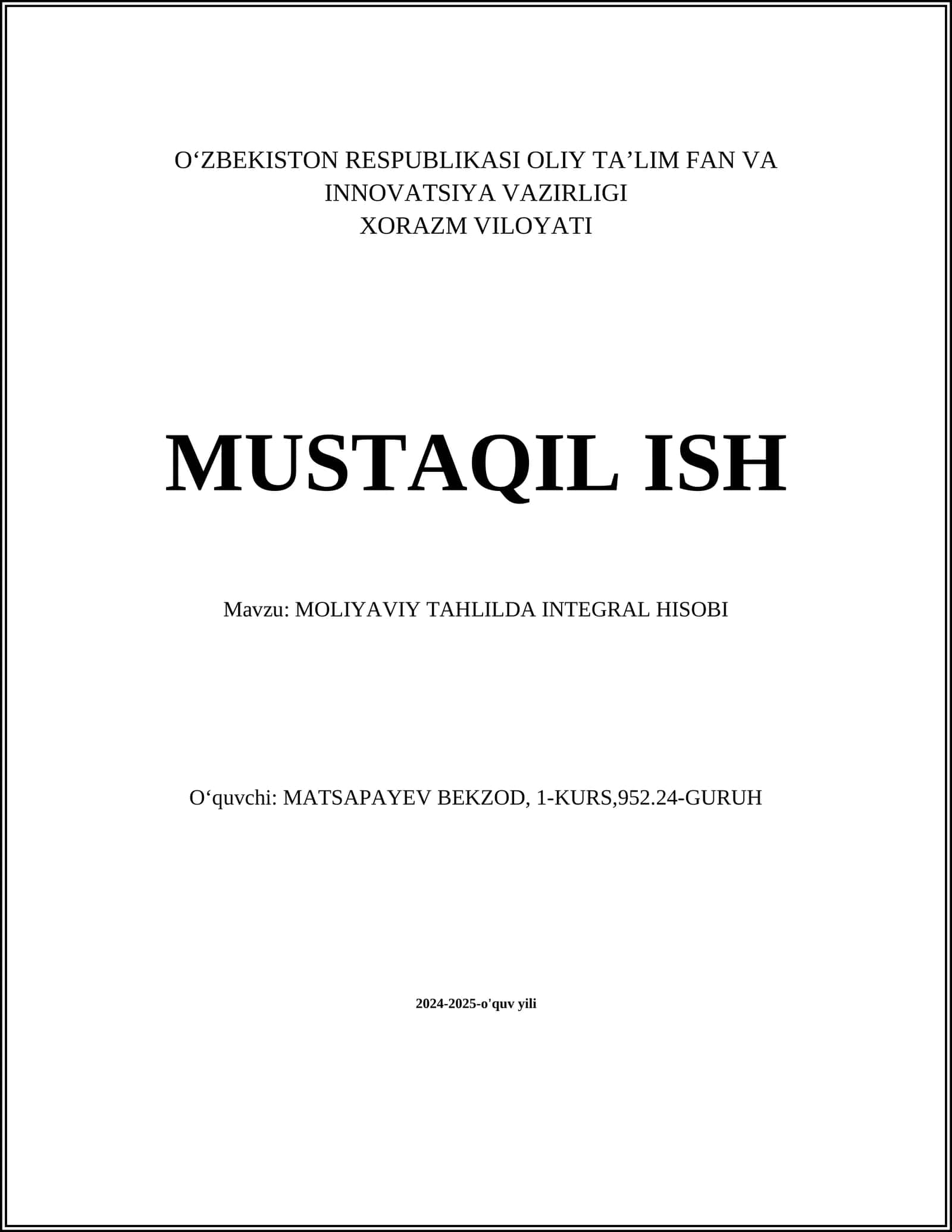 MOLIYAVIY TAHLILDA INTEGRAL HISOBI