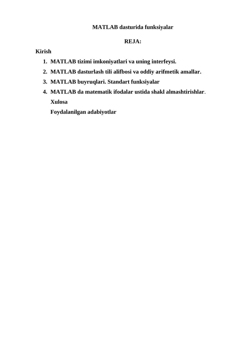MATLAB dasturida funksiyalar
