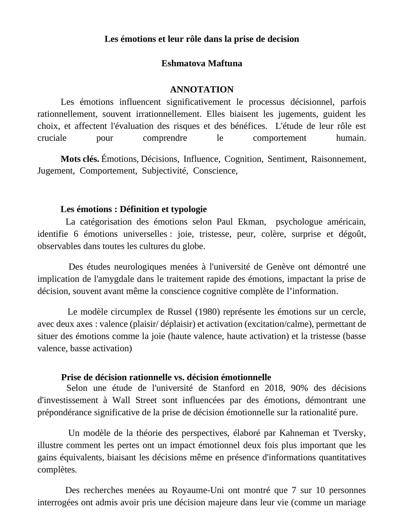 Les émotions et leur rôle dans la prise de décision