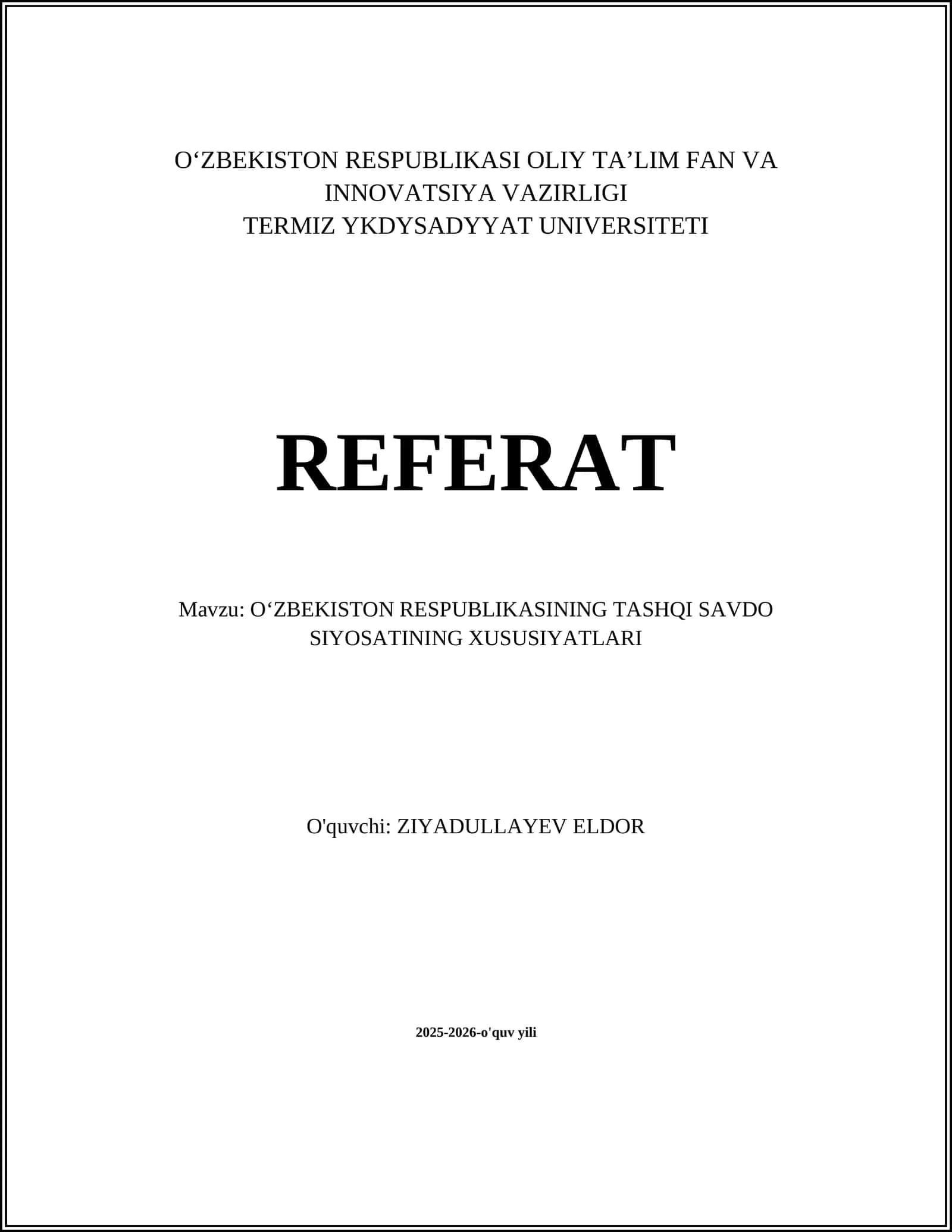 Tashqi Savdo Siyosati haqida Referat