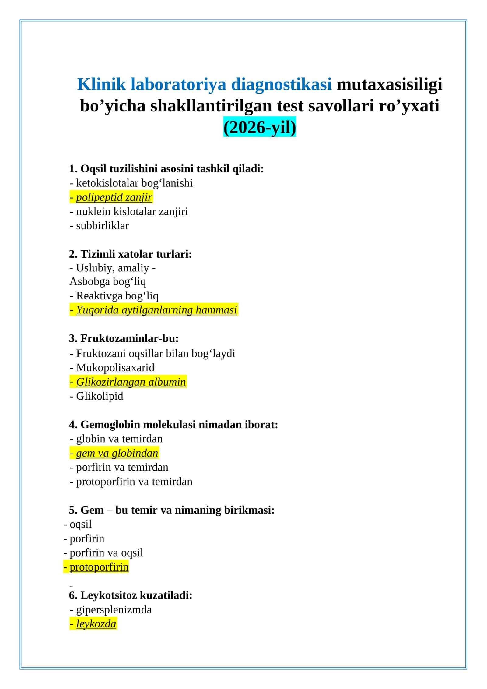 Klinik laboratoriya diagnostikasi test savollari ro’yxati (2026-yil)