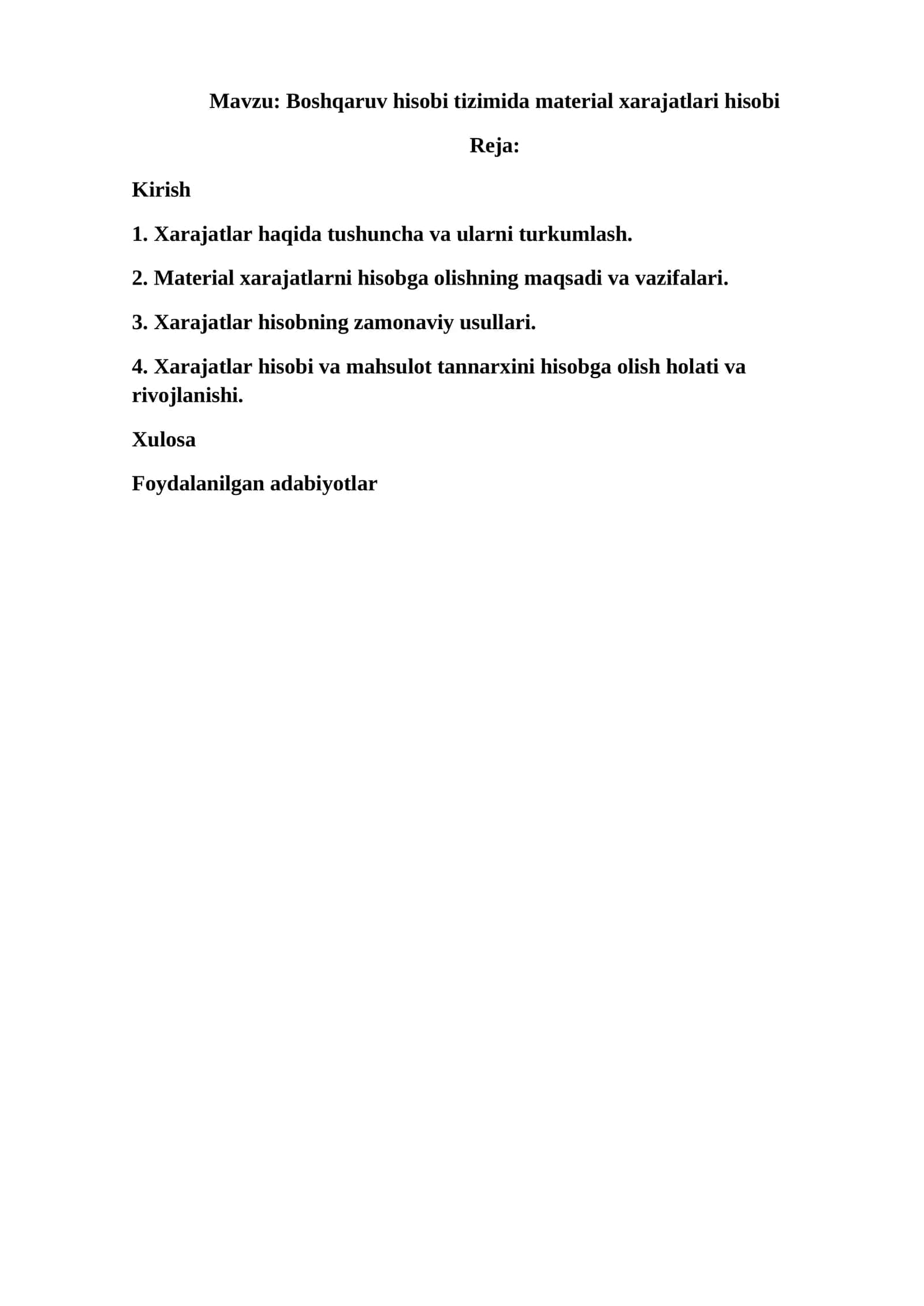 Boshqaruv hisobi tizimida material xarajatlari hisobi
