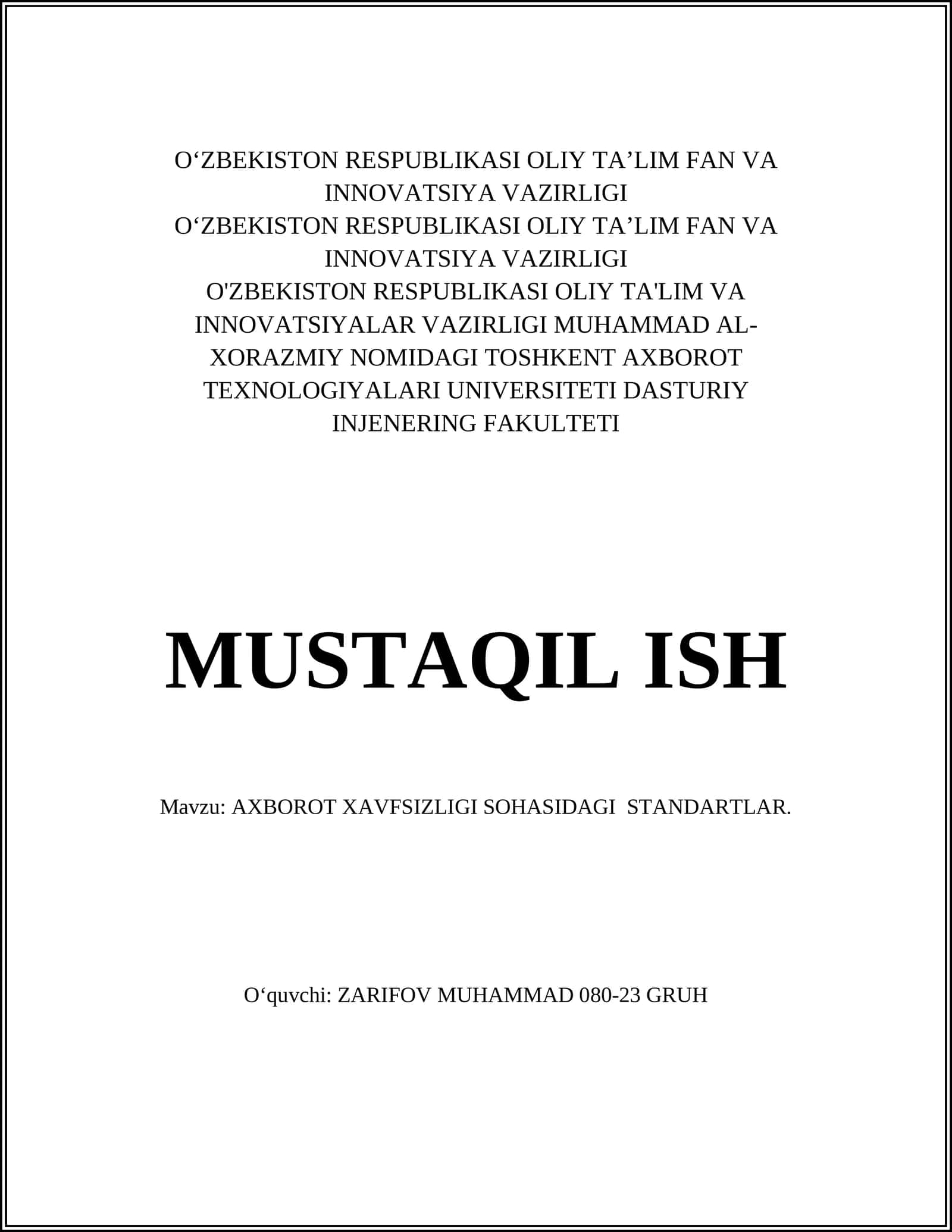 AXBOROT XAVFSIZLIGI SOHASIDAGI STANDARTLAR