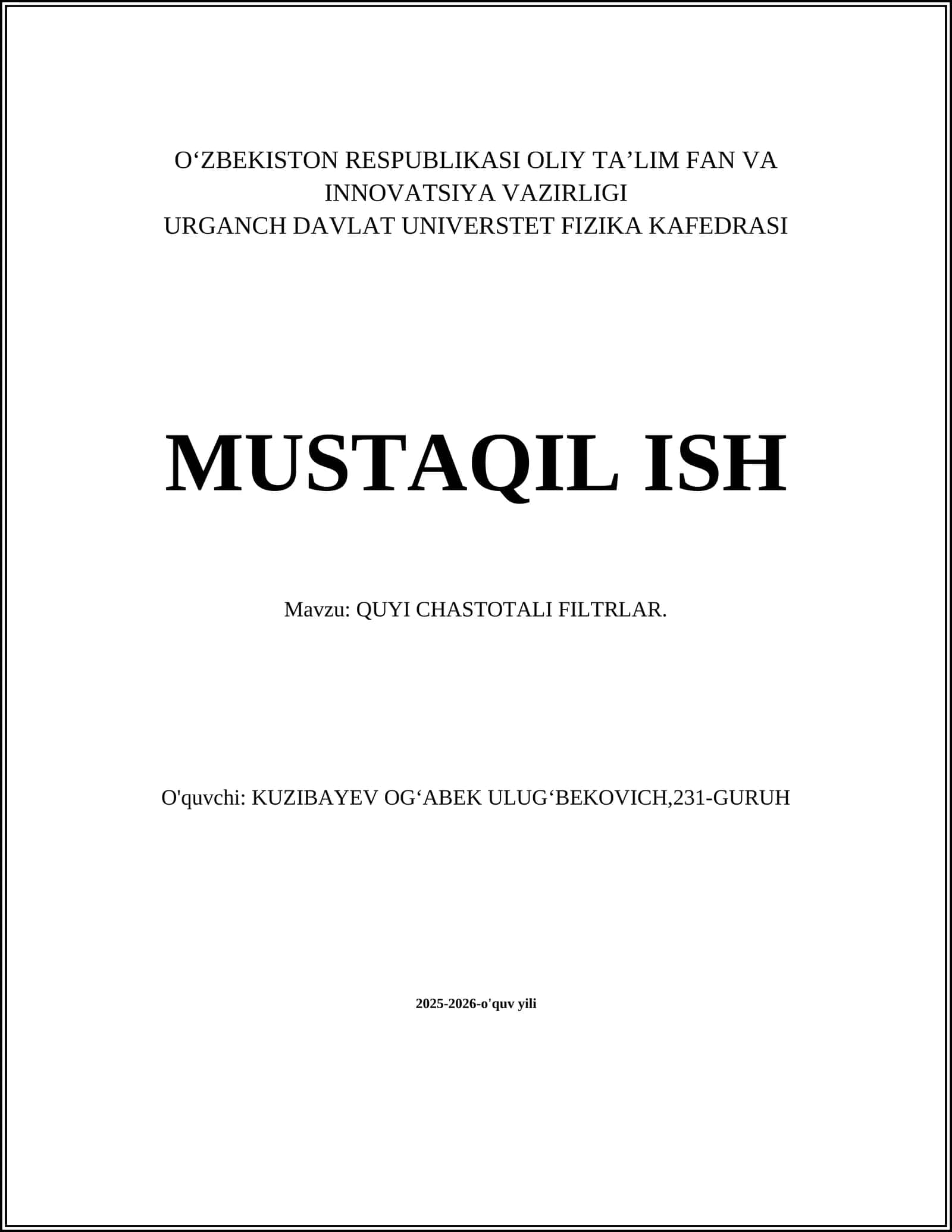 QUYI CHASTOTALI FILTRLAR