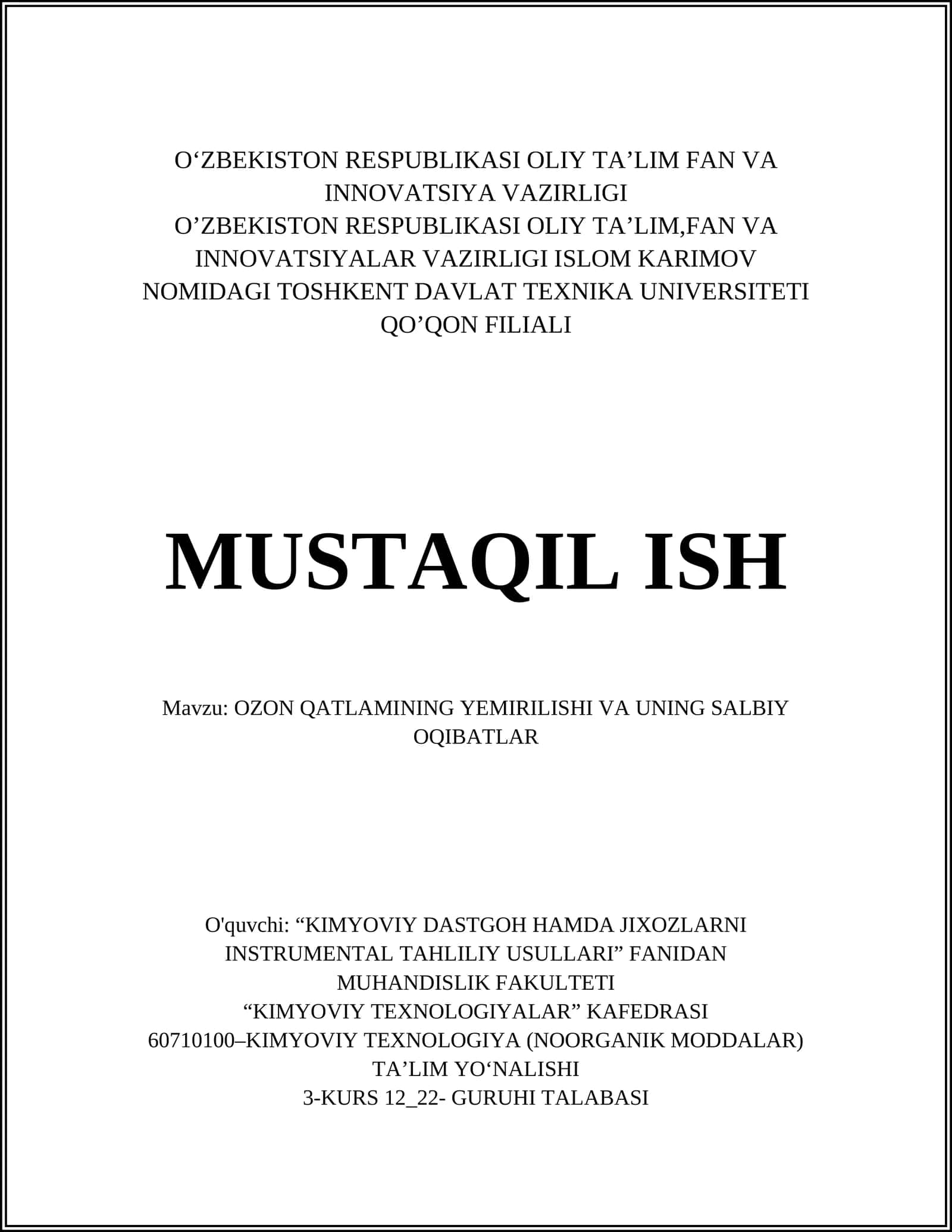 OZON QATLAMINING YEMIRILISHI VA UNING SALBIY OQIBATLAR