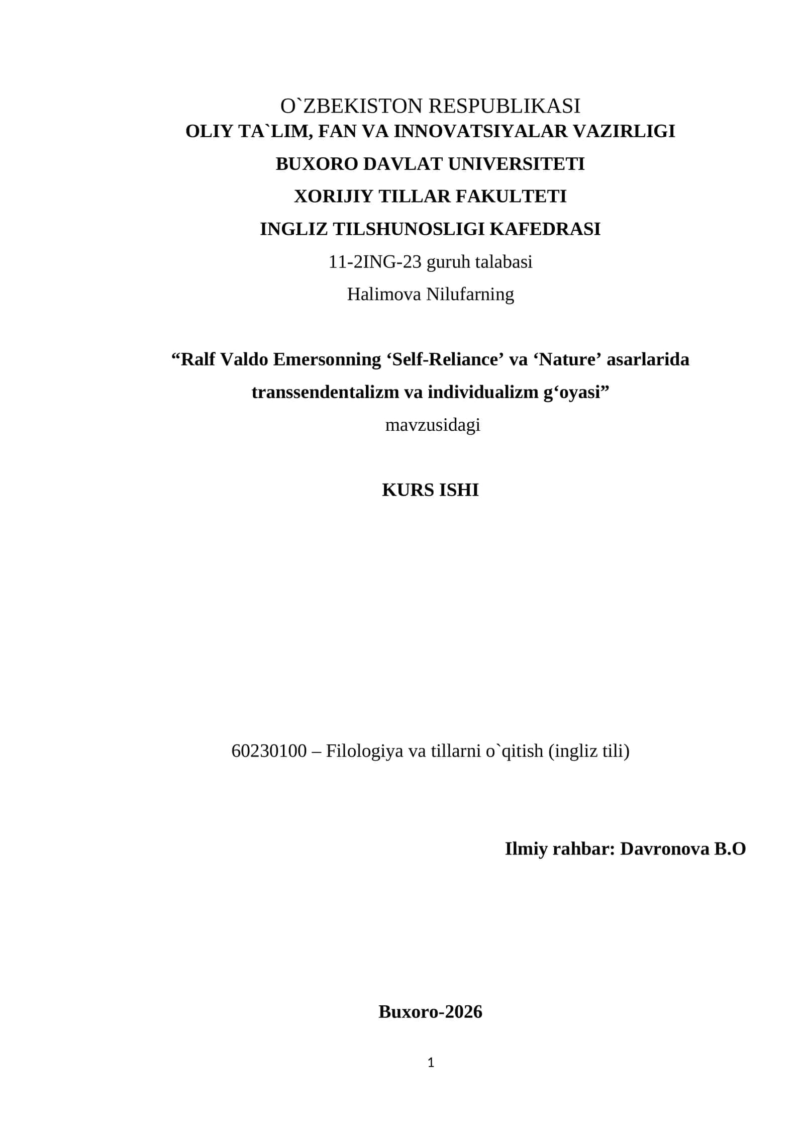 Ralf Valdo Emersonning ‘Self-Reliance’ va ‘Nature’ asarlarida transsendentalizm va individualizm g‘oyasi