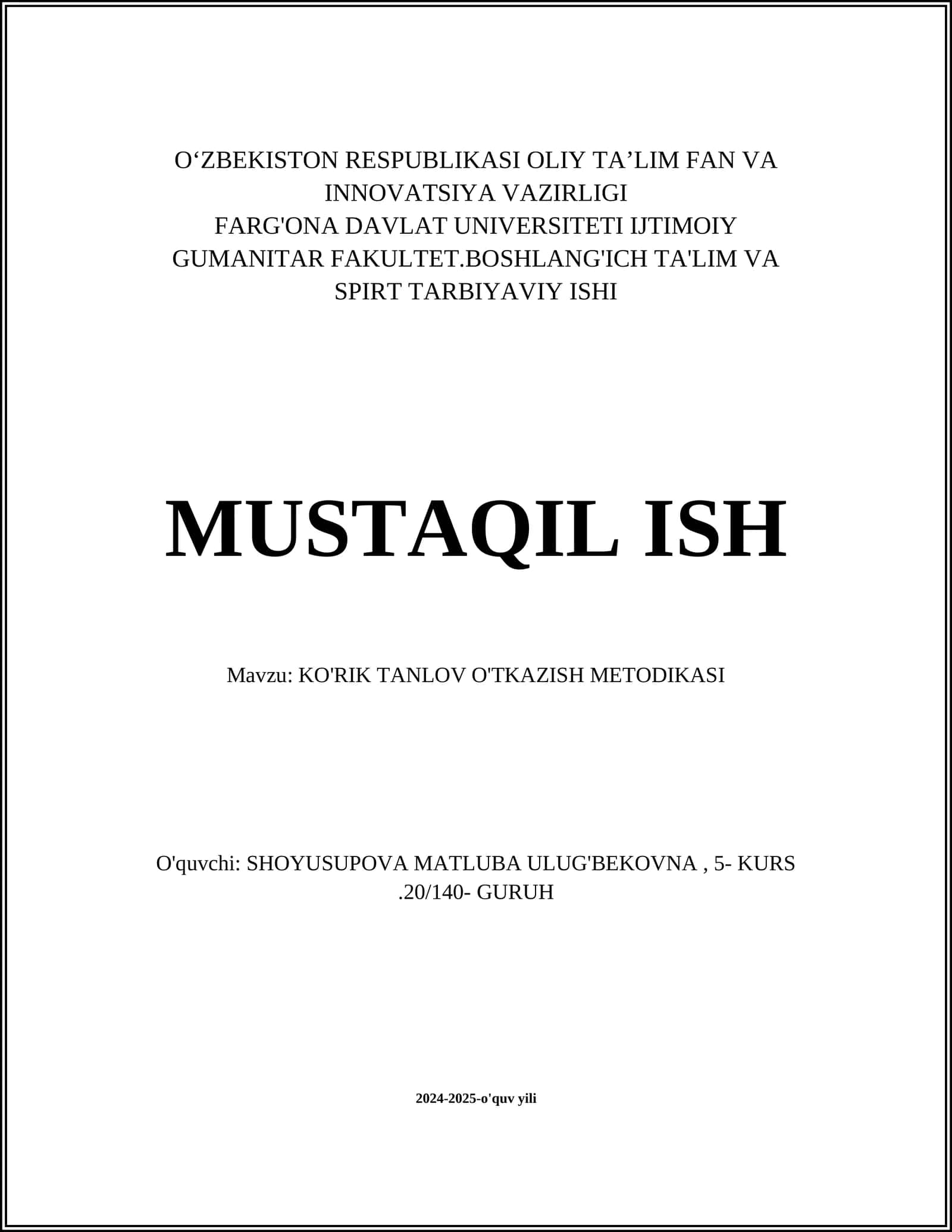 KO'RIK TANLOV O'TKAZISH METODIKASI