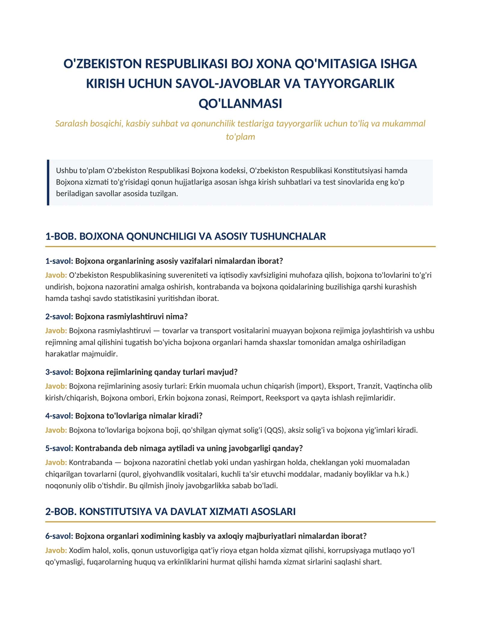 Bochxona qo'mitasiga ishga kirish uchun savol javoblar to'plami