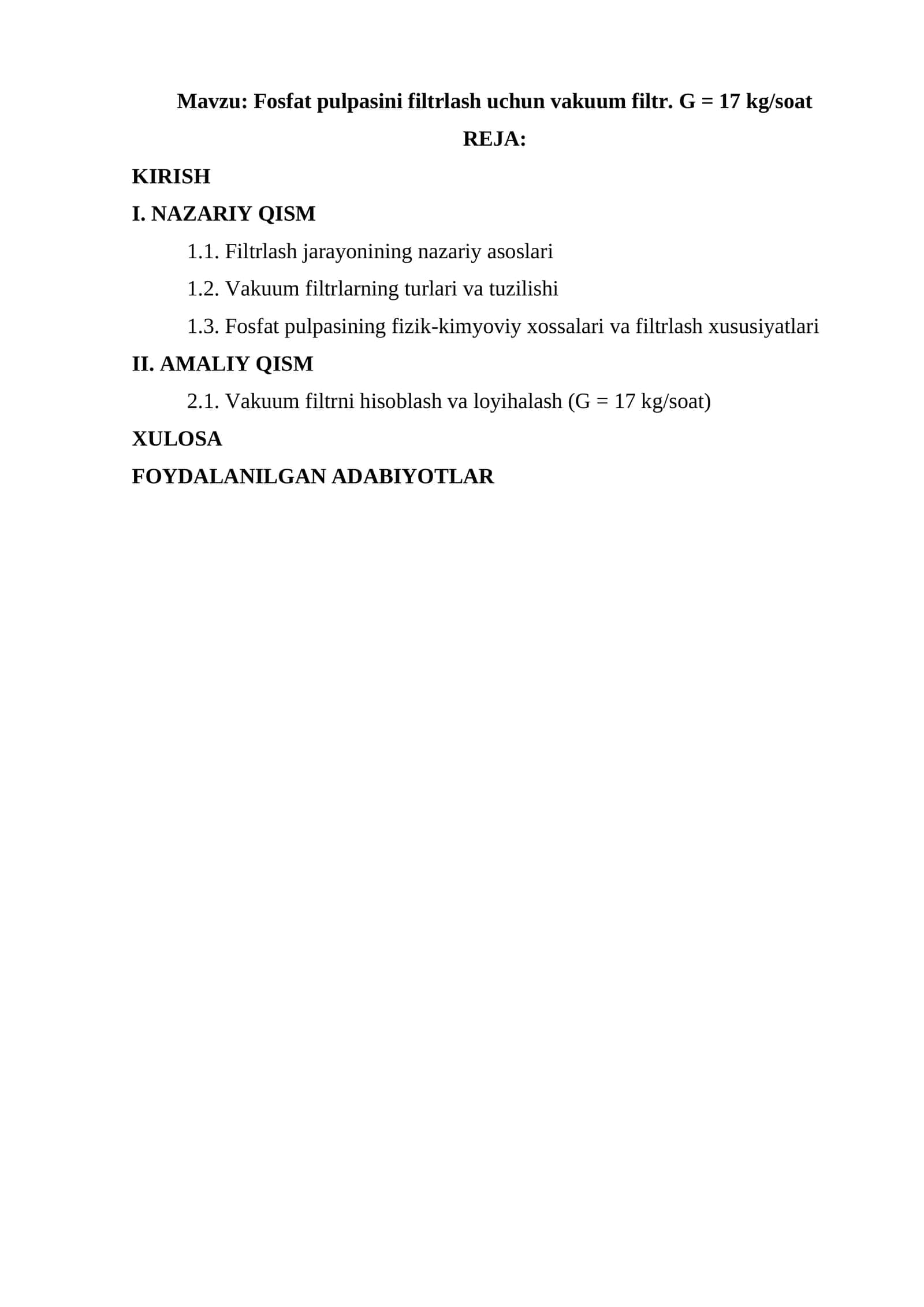 Fosfat pulpasini filtrlash uchun vakuum filtr. G = 17 kg/soat