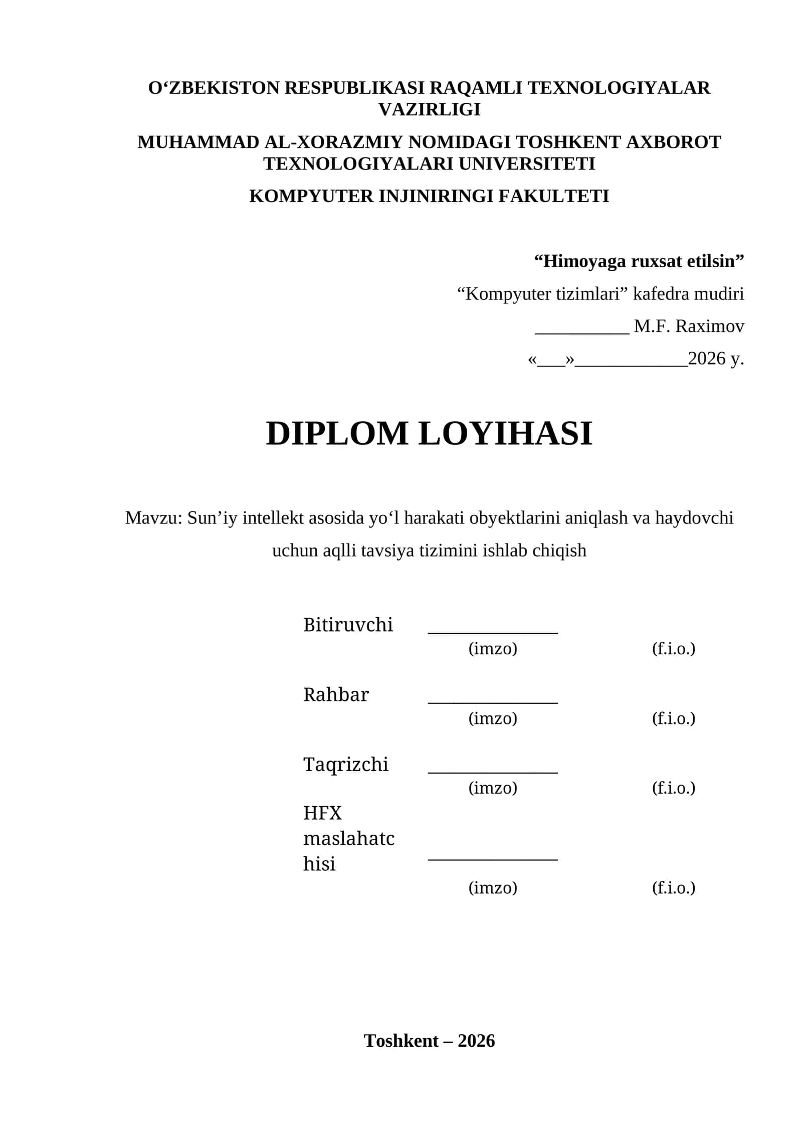 Sun’iy intellekt asosida yo‘l harakati obyektlarini aniqlash va haydovchi uchun aqlli tavsiya tizimini ishlab chiqish diplom ishi