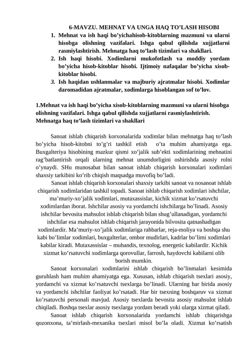 Mehnat va ish haqi bo’yicha xisob-kitoblarning mazmuni va ularni hisobga olishning vazifalari