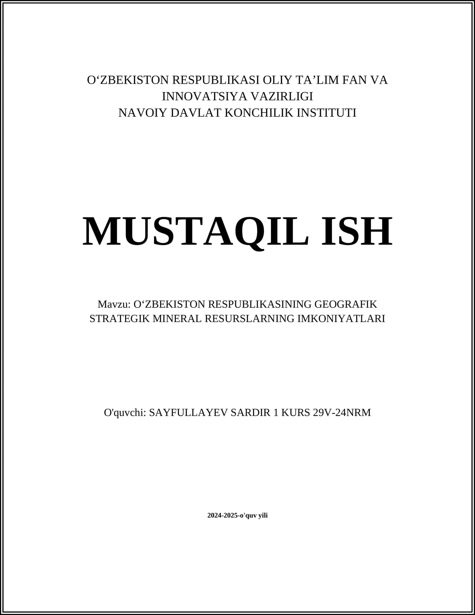 O'zbekiston Respublikasining Mineral Resurslar Zahiralari
