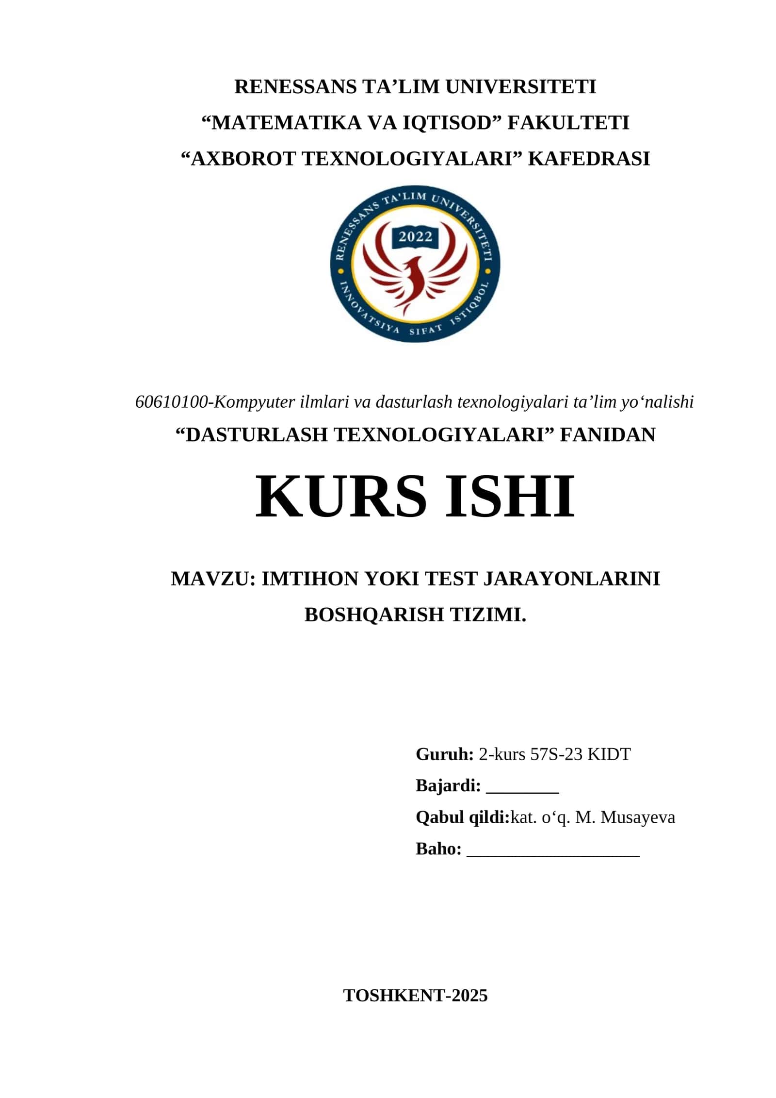 IMTIHON YOKI TEST JARAYONLARINI BOSHQARISH TIZIMI
