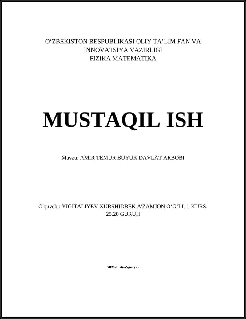 AMIR TEMUR BUYUK DAVLAT ARBOBI