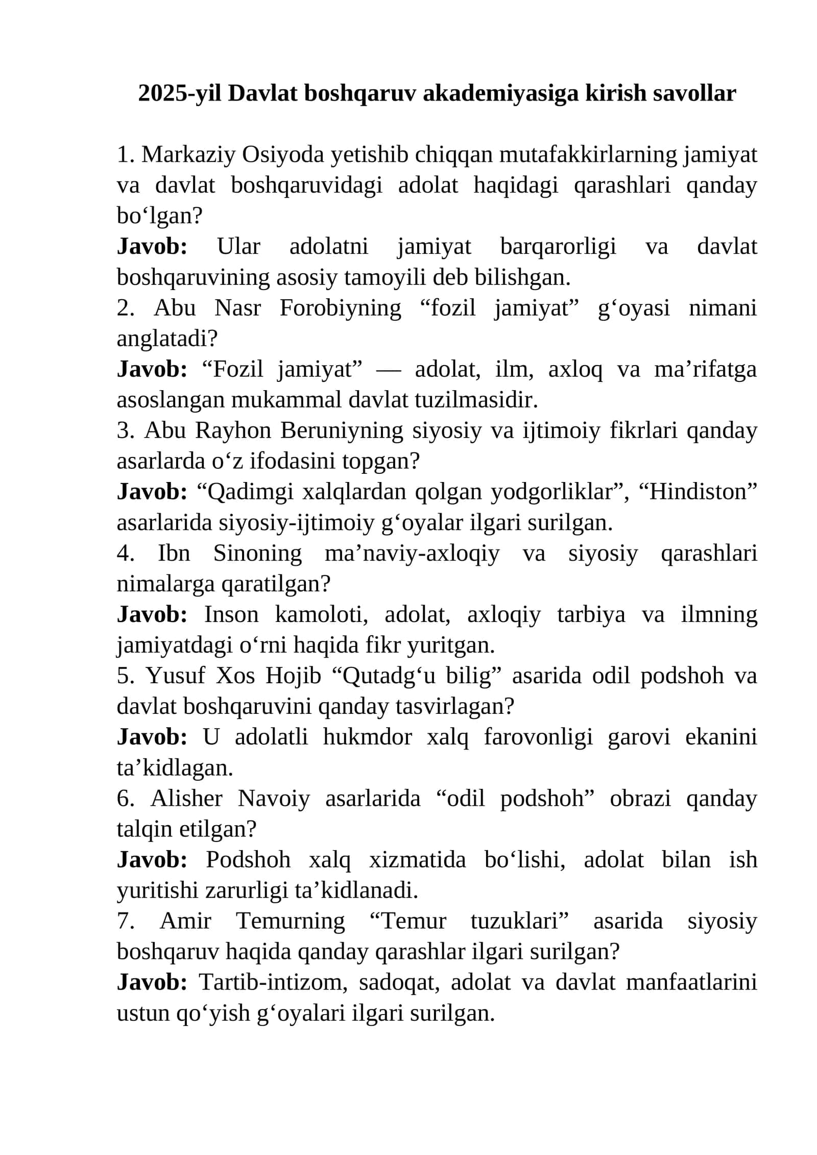 2025-yil Davlat boshqaruv akademiyasiga kirish savollar