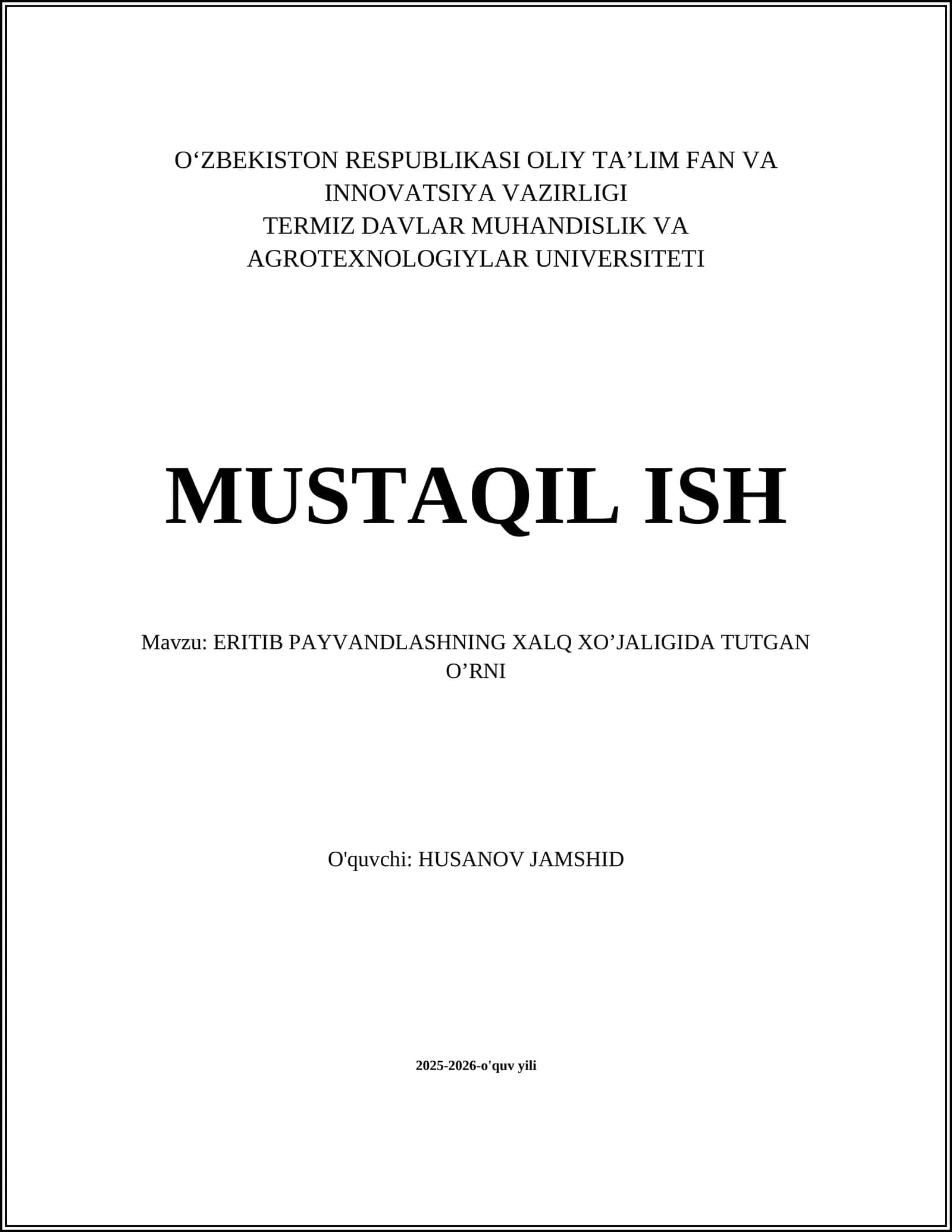 ERITIB PAYVANDLASHNING XALQ XO’JALIGIDA TUTGAN O’RNI