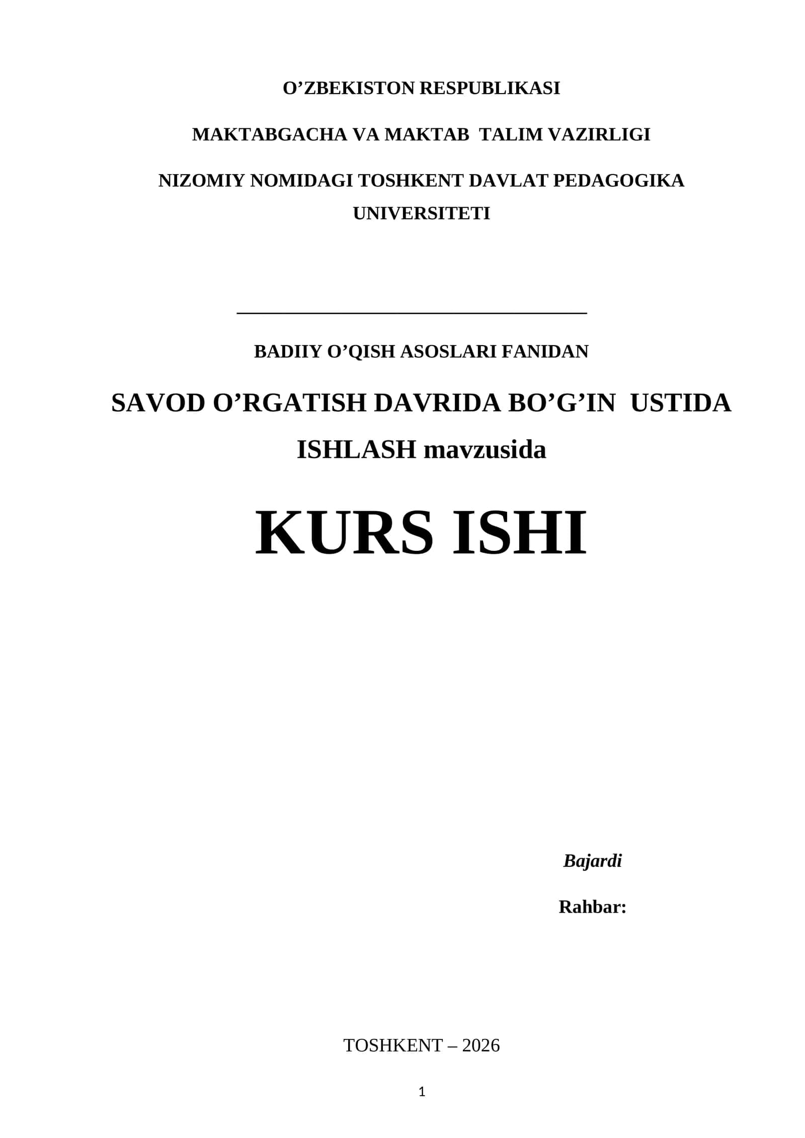SAVOD O’RGATISH DAVRIDA BO’G’IN USTIDA ISHLASH KURS ISHI 2026 YIL