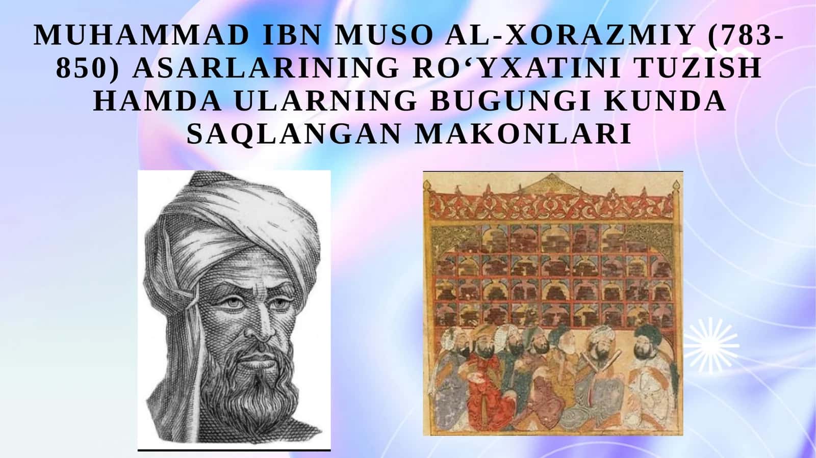 Muhammad ibn Muso al-Xorazmiy (783-850) asarlarining roʻyxatini tuzish hamda ularning bugungi kunda saqlangan makonlari