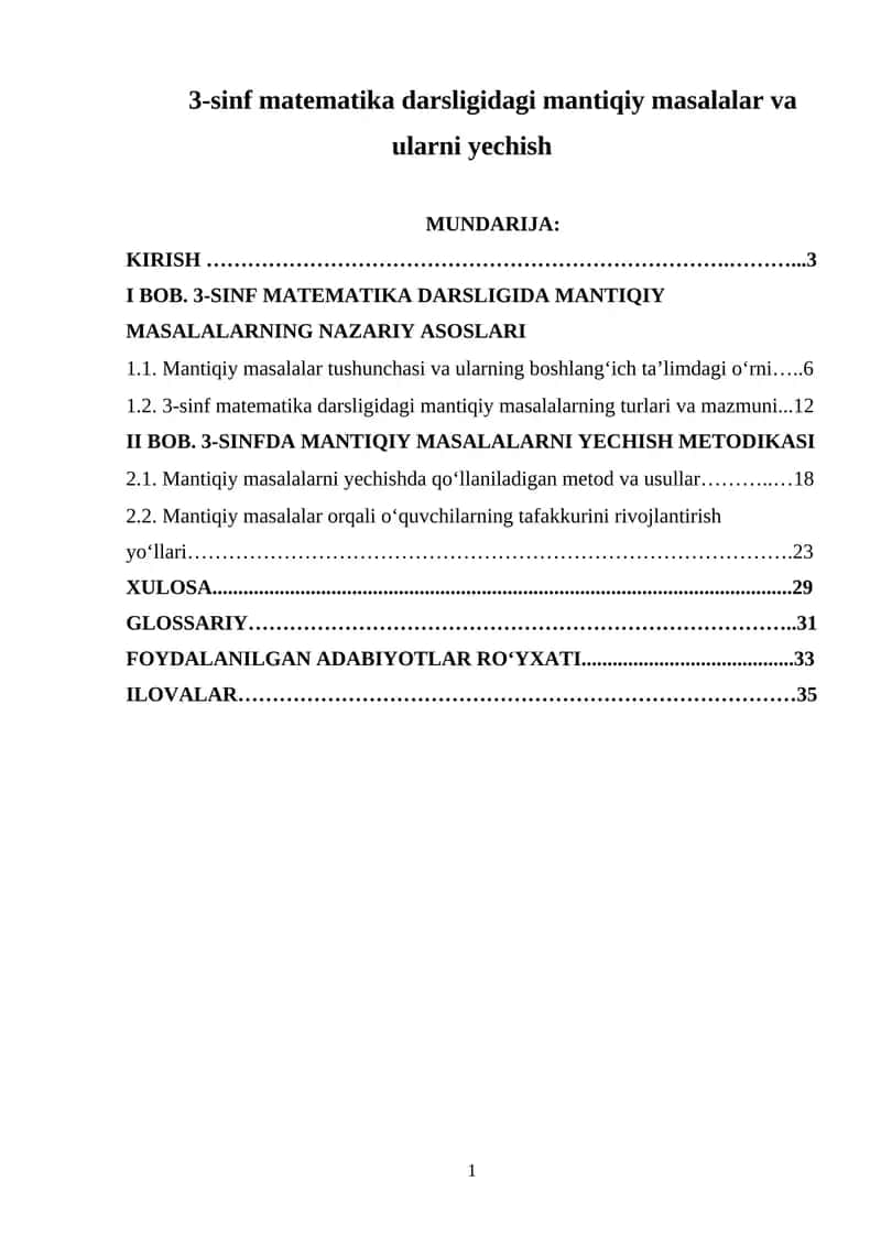 3-sinf matematika darsligidagi mantiqiy masalalar va ularni yechish