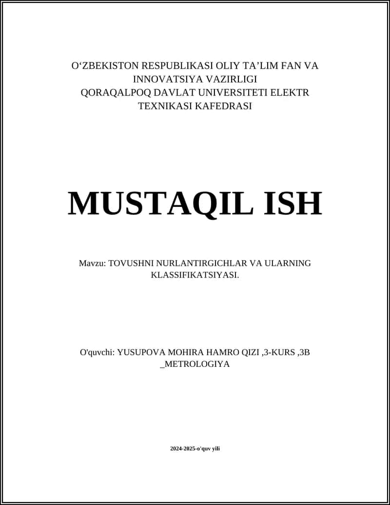 TOVUSHNI NURLANTIRGICHLAR VA ULARNING KLASSIFIKATSIYASI