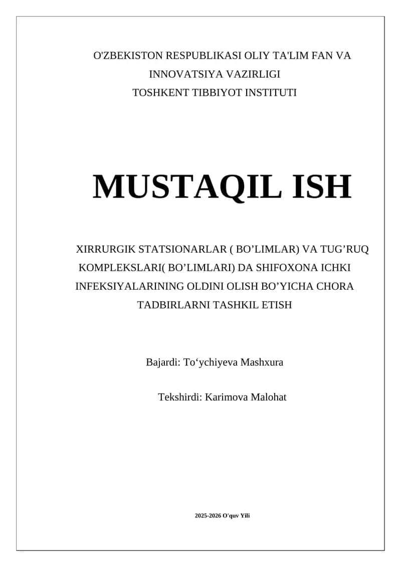 Shifoxona Ichkilar Infeksiyalarini Oldini Olish Chora Tadbirlari