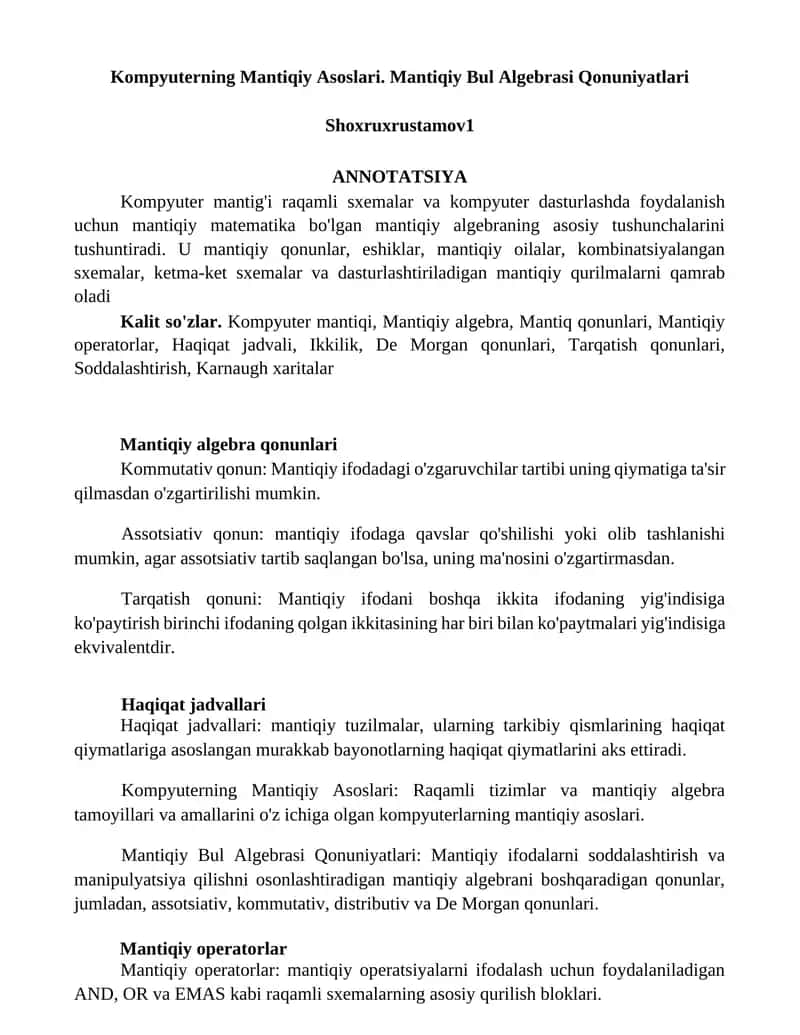 Kompyuterning Mantiqiy Asoslari. Mantiqiy Bul Algebrasi Qonuniyatlari
