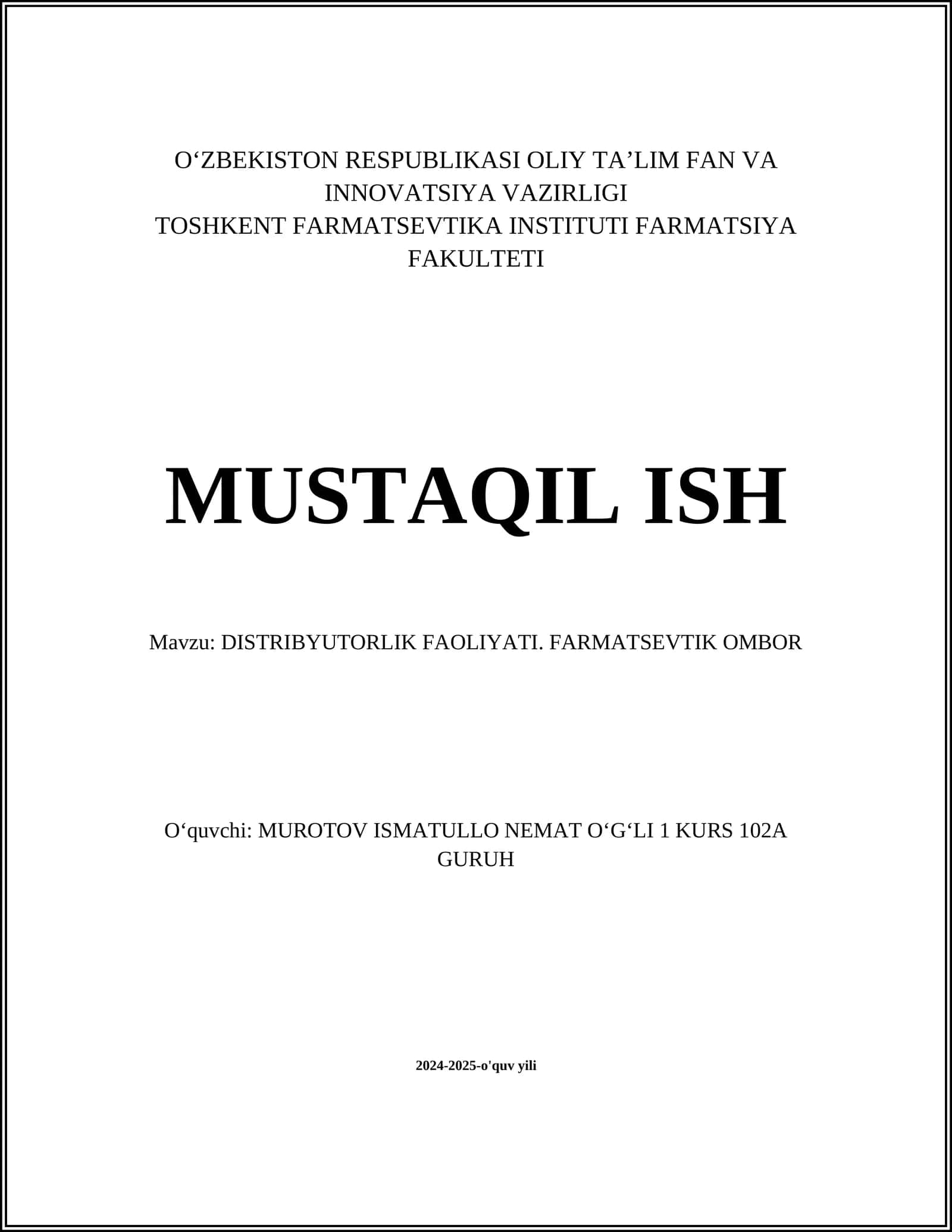 DISTRIBYUTORLIK FAOLIYATI. FARMATSEVTIK OMBOR