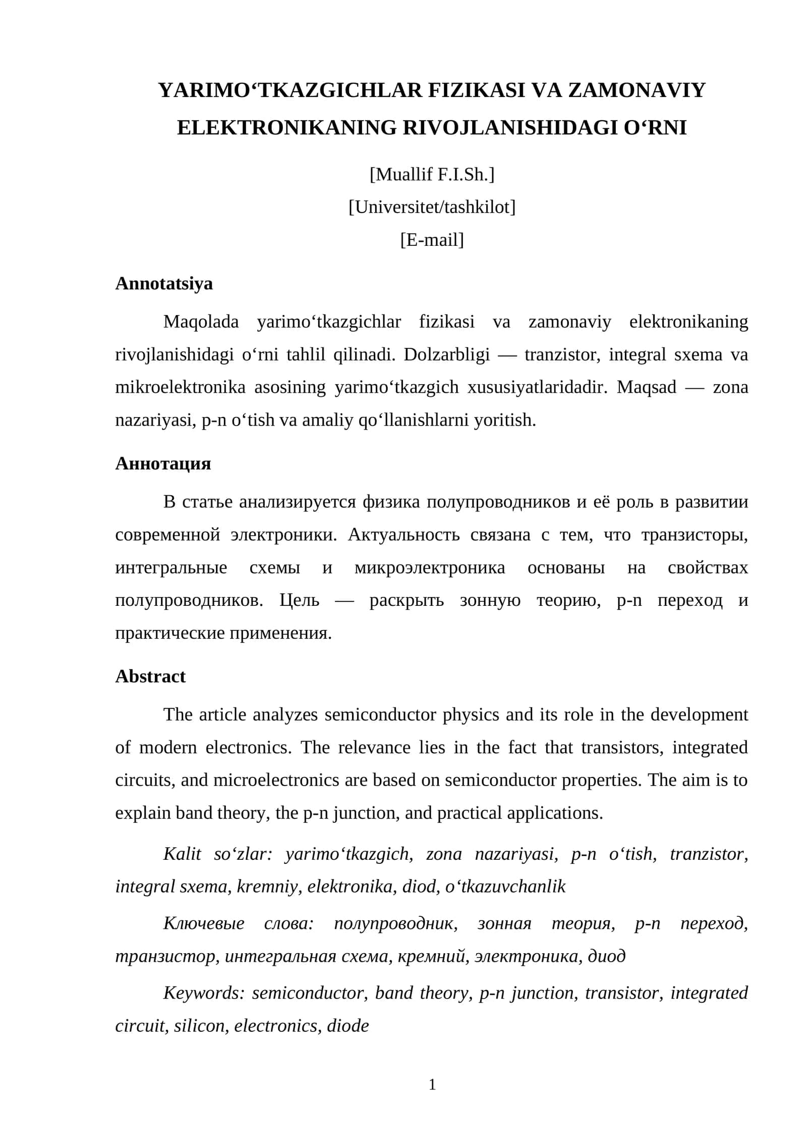 YARIMO‘TKAZGICHLAR FIZIKASI VA ZAMONAVIY ELEKTRONIKANING RIVOJLANISHIDAGI O‘RNI