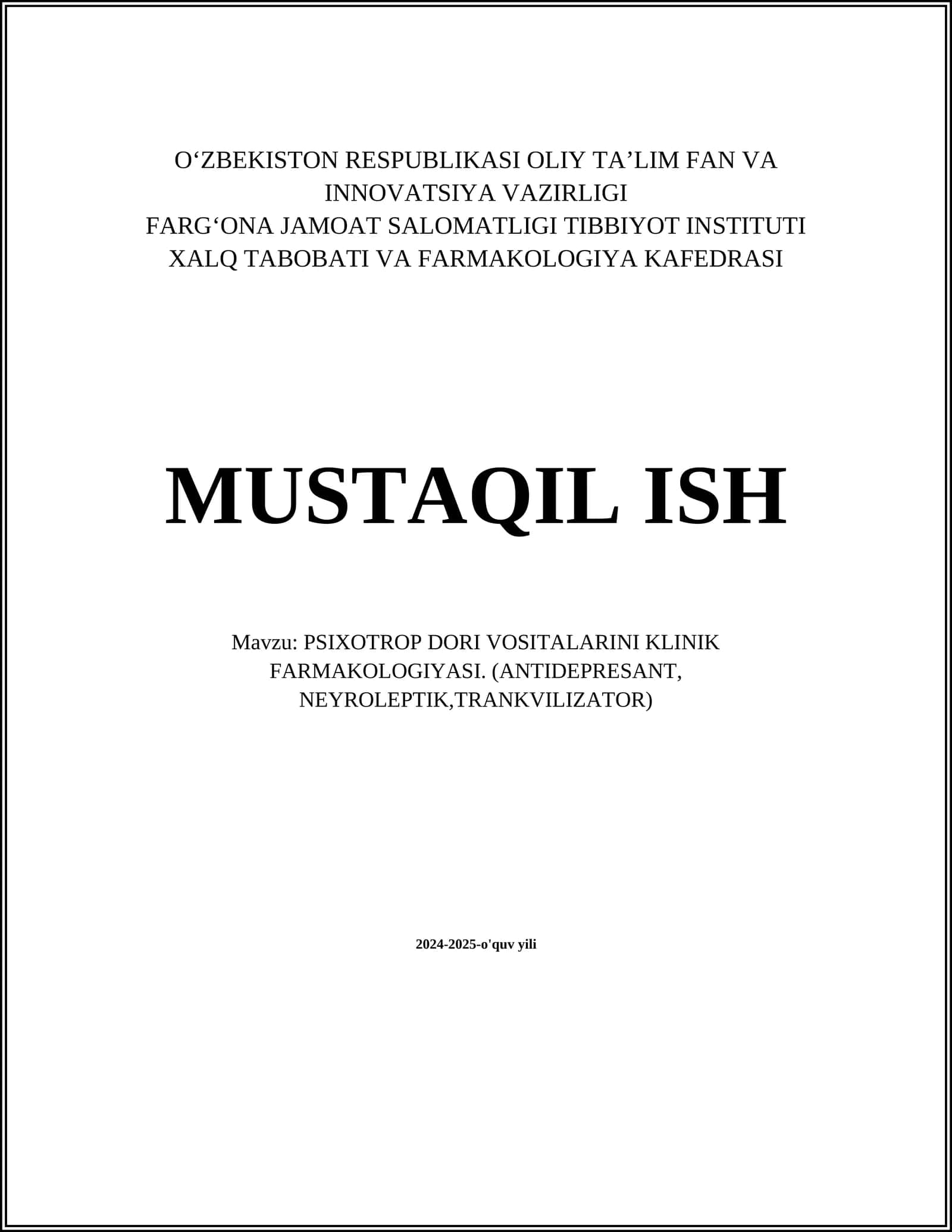 PSIXOTROP DORI VOSITALARINI KLINIK FARMAKOLOGIYASI
