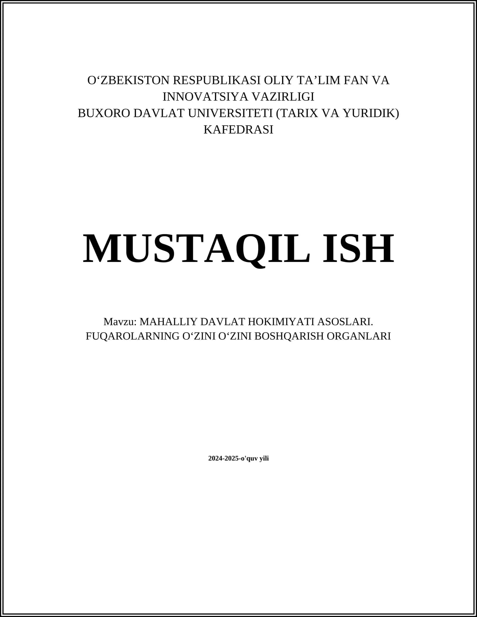 MAHALLIY DAVLAT HOKIMIYATI ASOSLARI