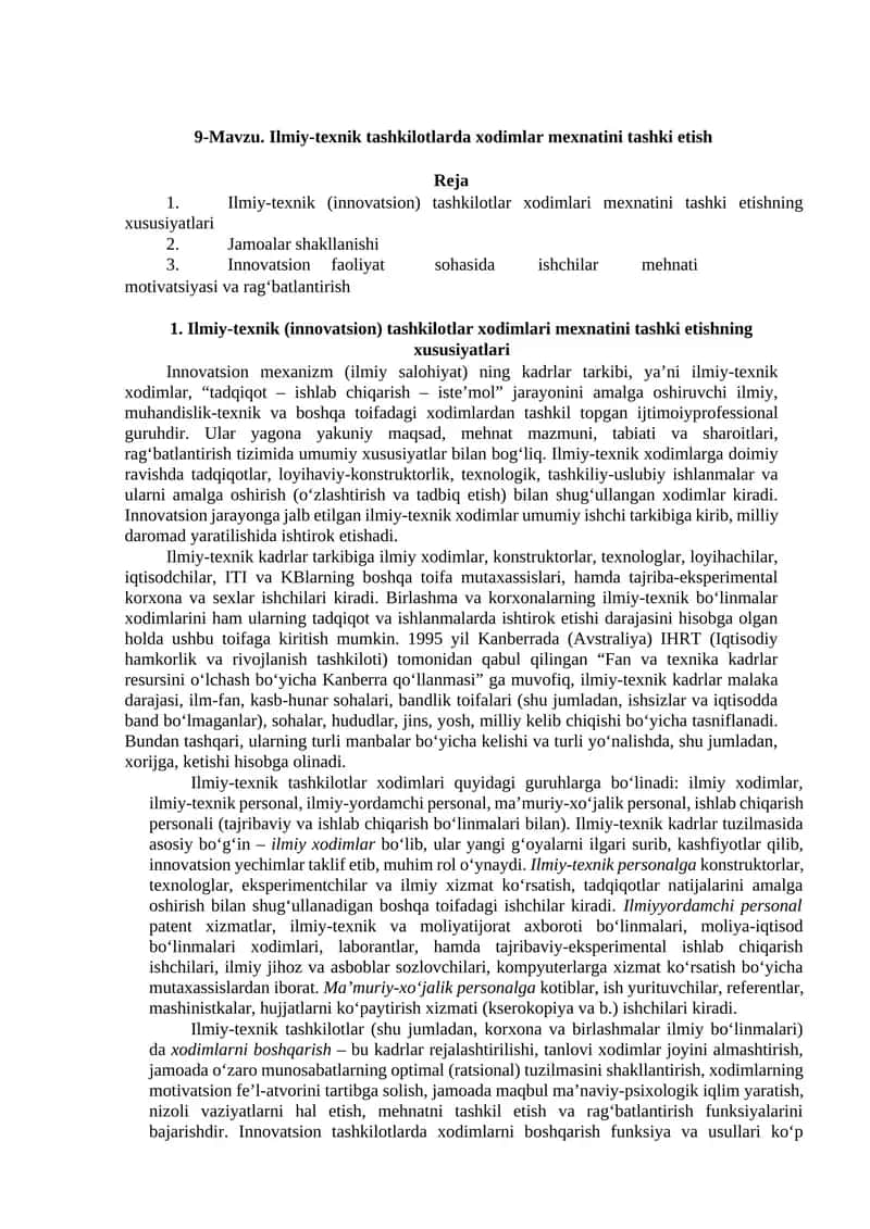 9-Mavzu. Ilmiy-texnik tashkilotlarda xodimlar mexnatini tashki etish