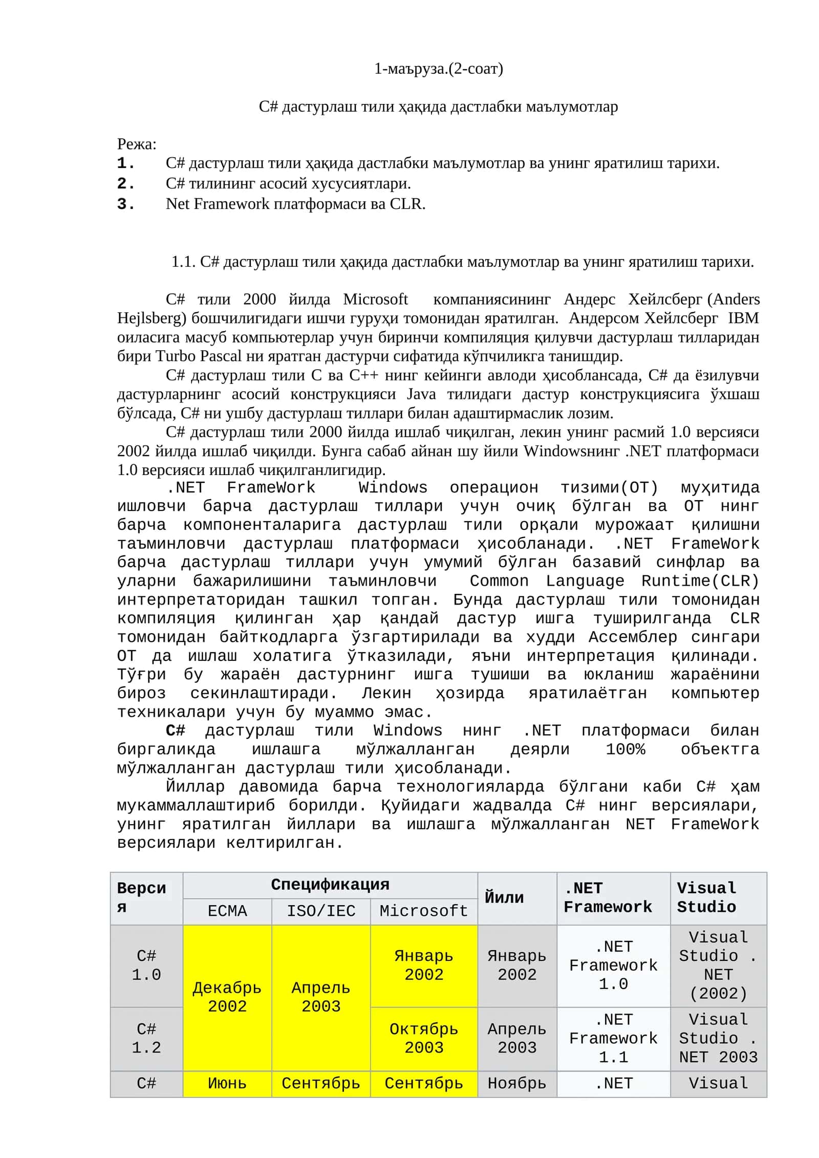 С# дастурлаш тили ҳақида дастлабки маълумотлар