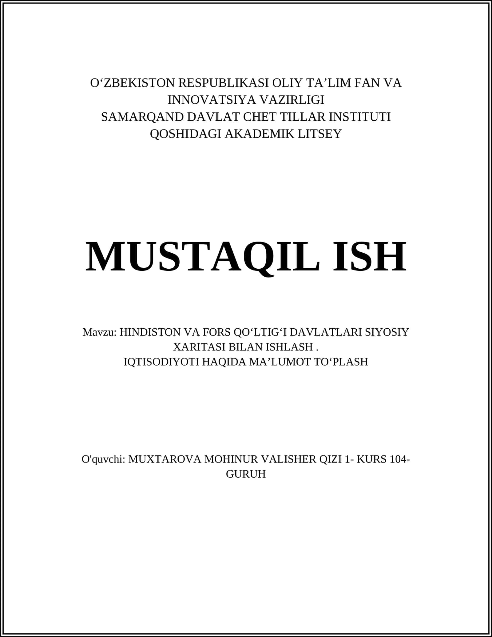 HINDISTON VA FORS QOʻLTIGʻI DAVLATLARI SIYOSIY XARITASI BILAN ISHLASH