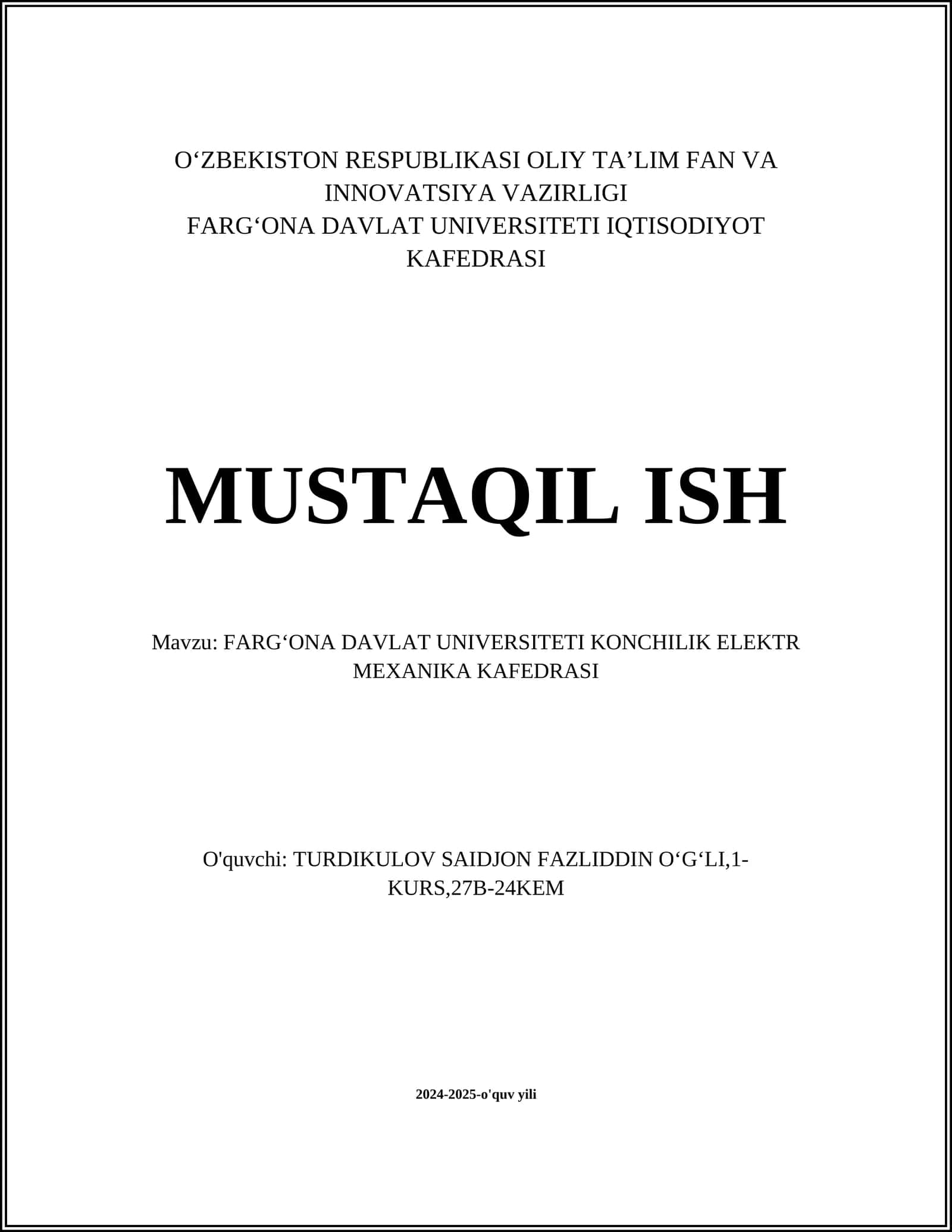 FARGʻONA DAVLAT UNIVERSITETI KONCHILIK ELEKTR MEXANIKA KAFEDRASI
