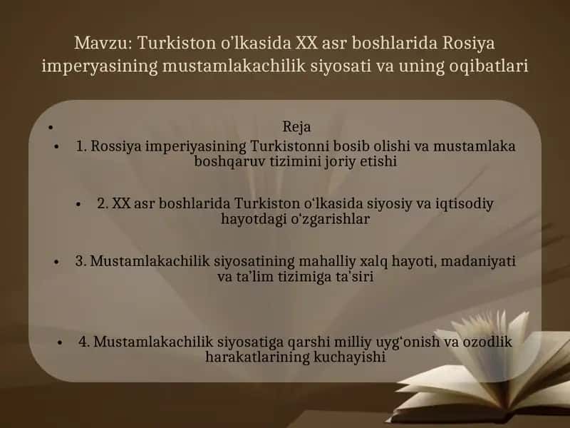 XX asr Turkistonida Rossiya imperiyasining mustamlakachilik siyosati