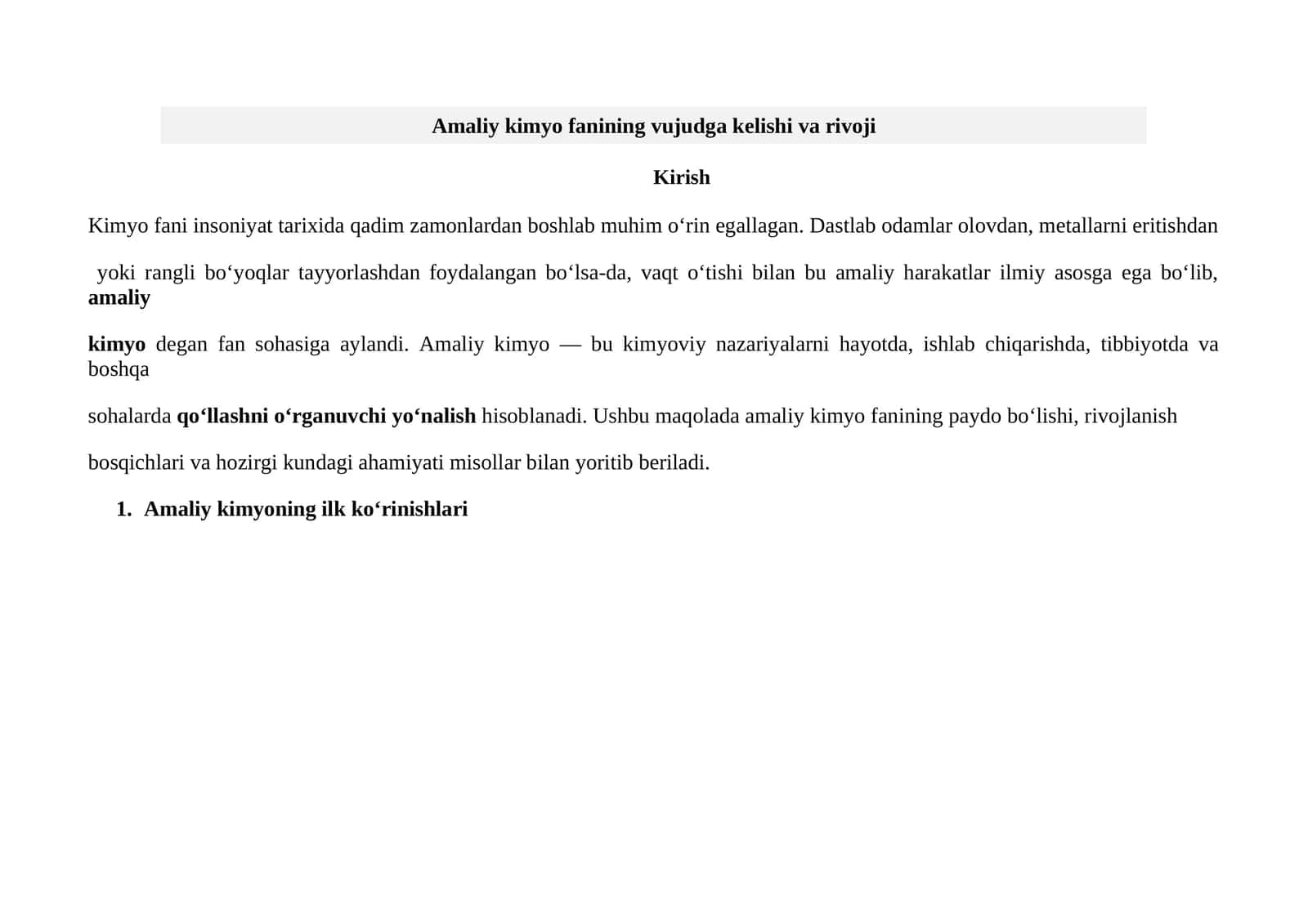 Amaliy kimyo fanining vujudga kelishi va rivoji