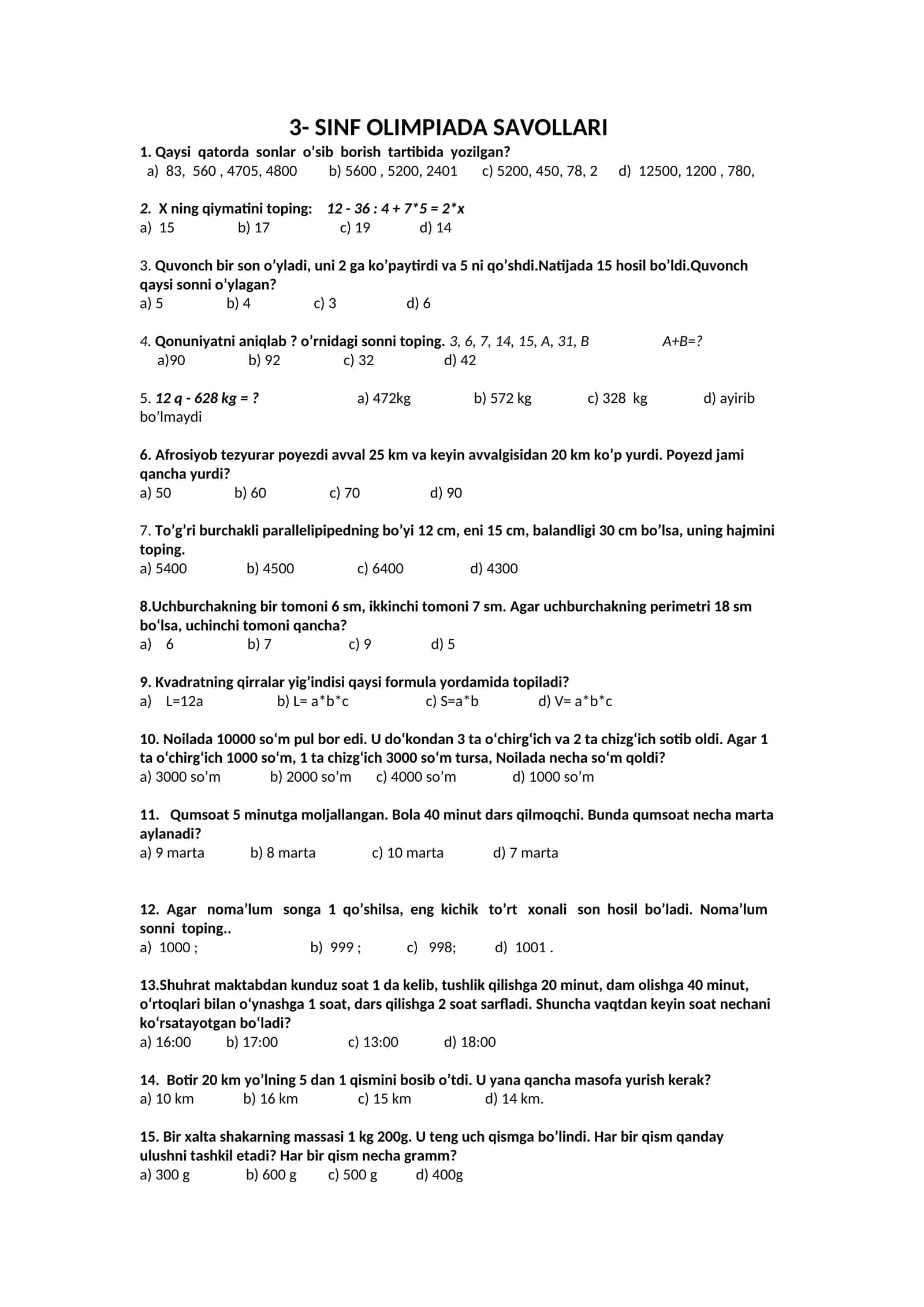 3-sinf olimpiada savollari matematika fanidan