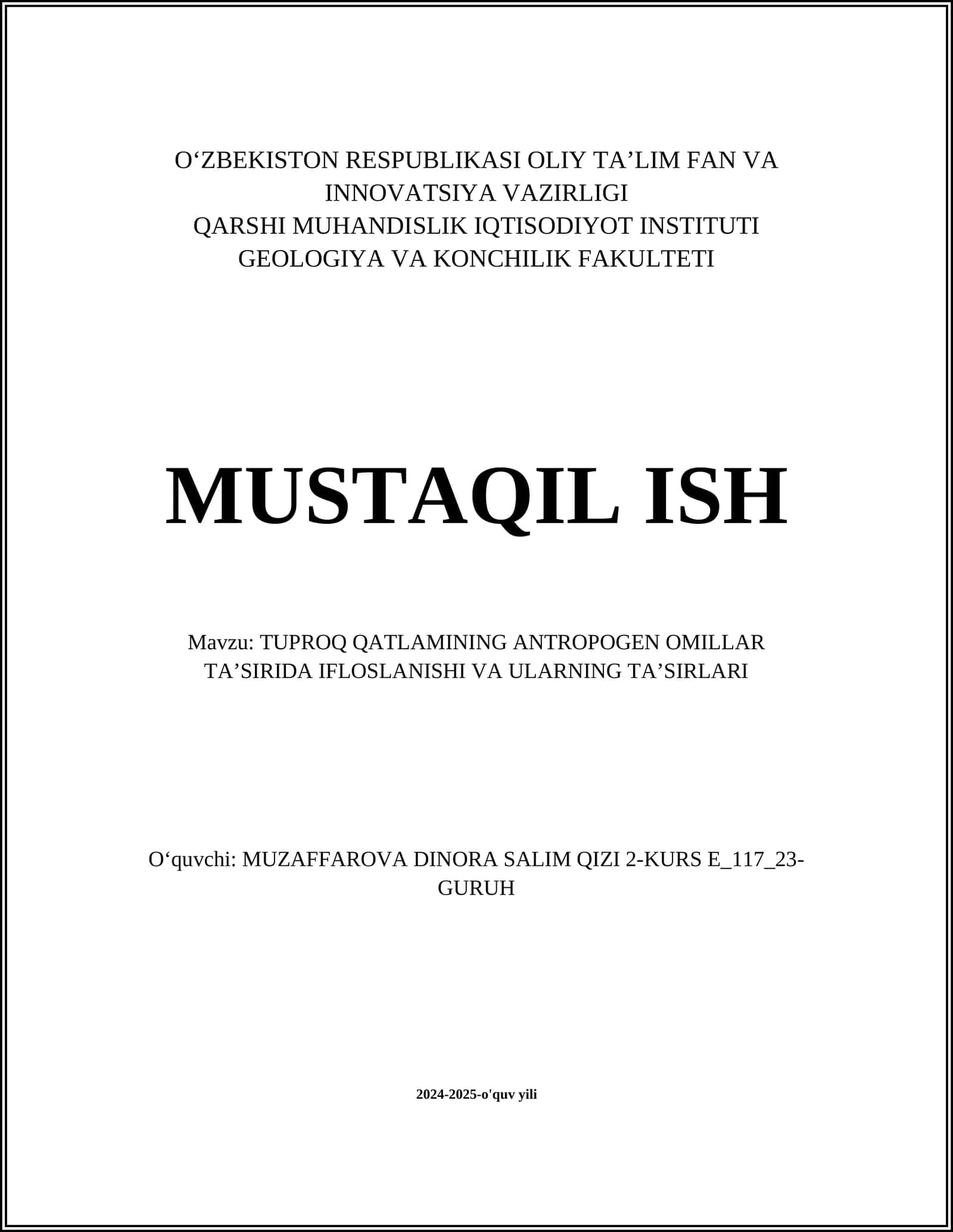TUPROQ QATLAMINING ANTROPOGEN OMILLAR TAʼSIRIDA IFLOSLANISHI VA ULARNING TAʼSIRLARI